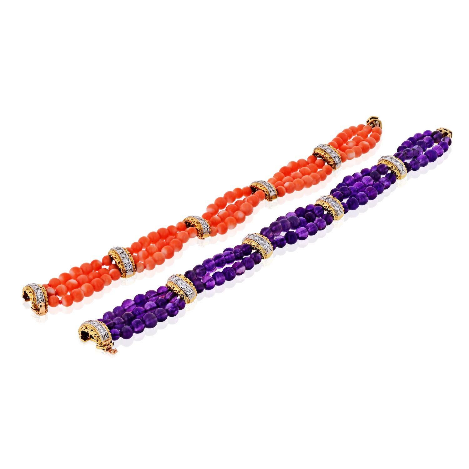 Van Cleef & Arpels 18K Yellow Gold Set Of Three Coral, Chalcedony & Amethyst Bracelets.
Amethyst:
7.7 inches long, 18kt Yellow Gold Diamond and Amethyst bead bracelet it is 0.5in wide. Well matched amethyst beads and sparkling diamonds. There is a