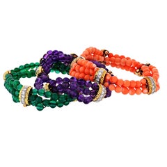Van Cleef & Arpels Set of Three Coral, Chalcedony and Amethyst Bracelets