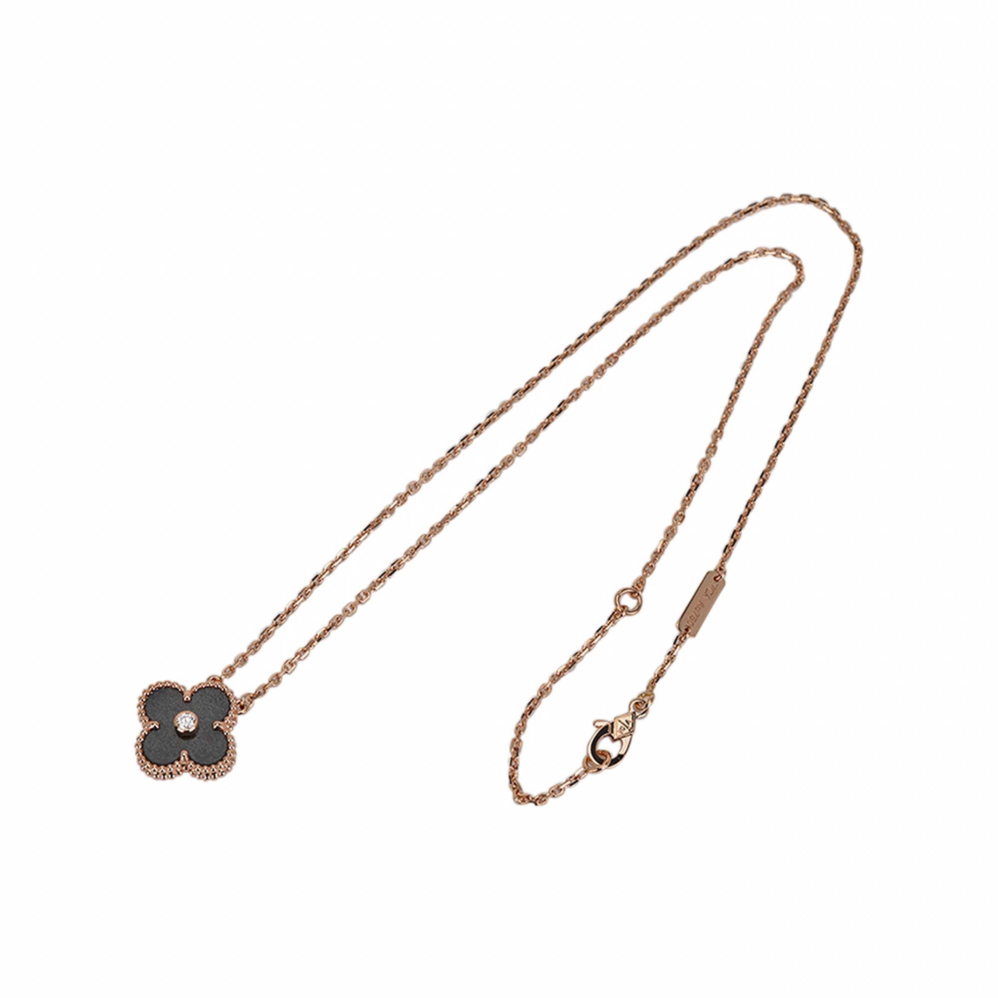 Brilliant Cut Van Cleef & Arpels Silver Obsidian Vintage Alhambra Diamond Rose Gold Pendant