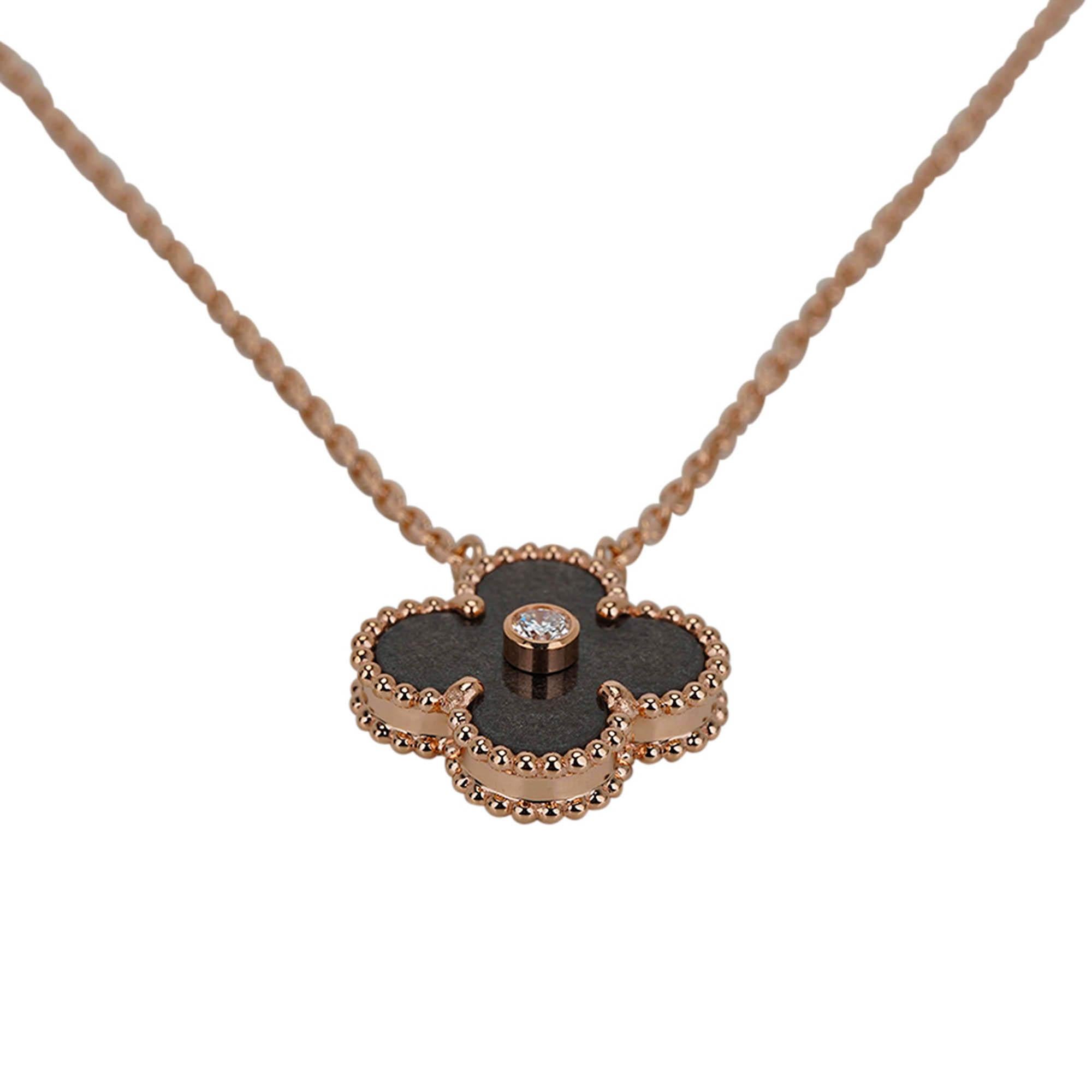 Women's Van Cleef & Arpels Silver Obsidian Vintage Alhambra Diamond Rose Gold Pendant For Sale