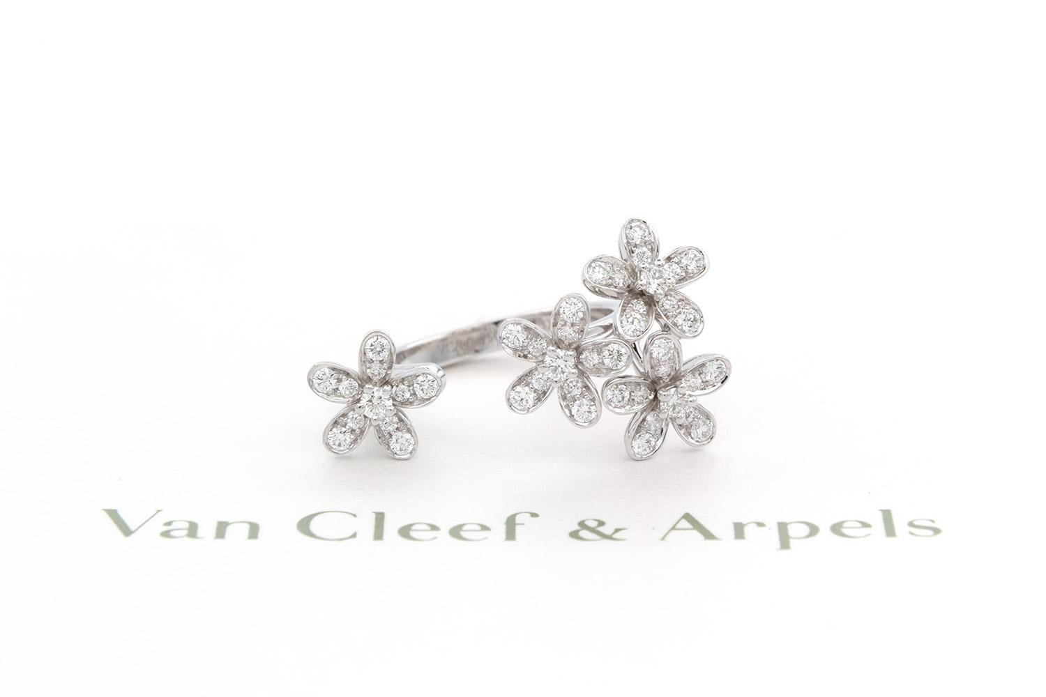 We are pleased to offer this beautiful Guaranteed Authentic Van Cleef & Arpels Socrate Between the Finger Ring with original VCA inner & outer boxes, certificate of authenticity and insurance valuation. A symbol of freshness and lightness, the
