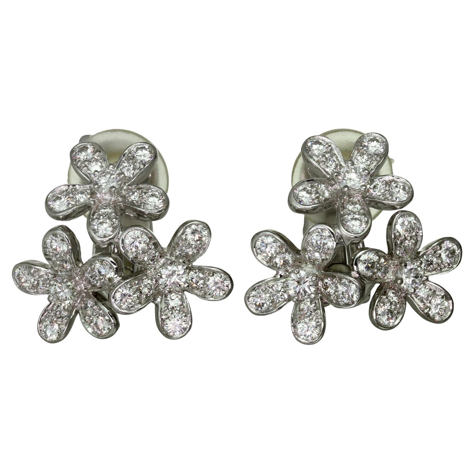 VAN CLEEF & ARPELS Socrate Diamond 18k White Gold 3-Flower Clip-on Earrings