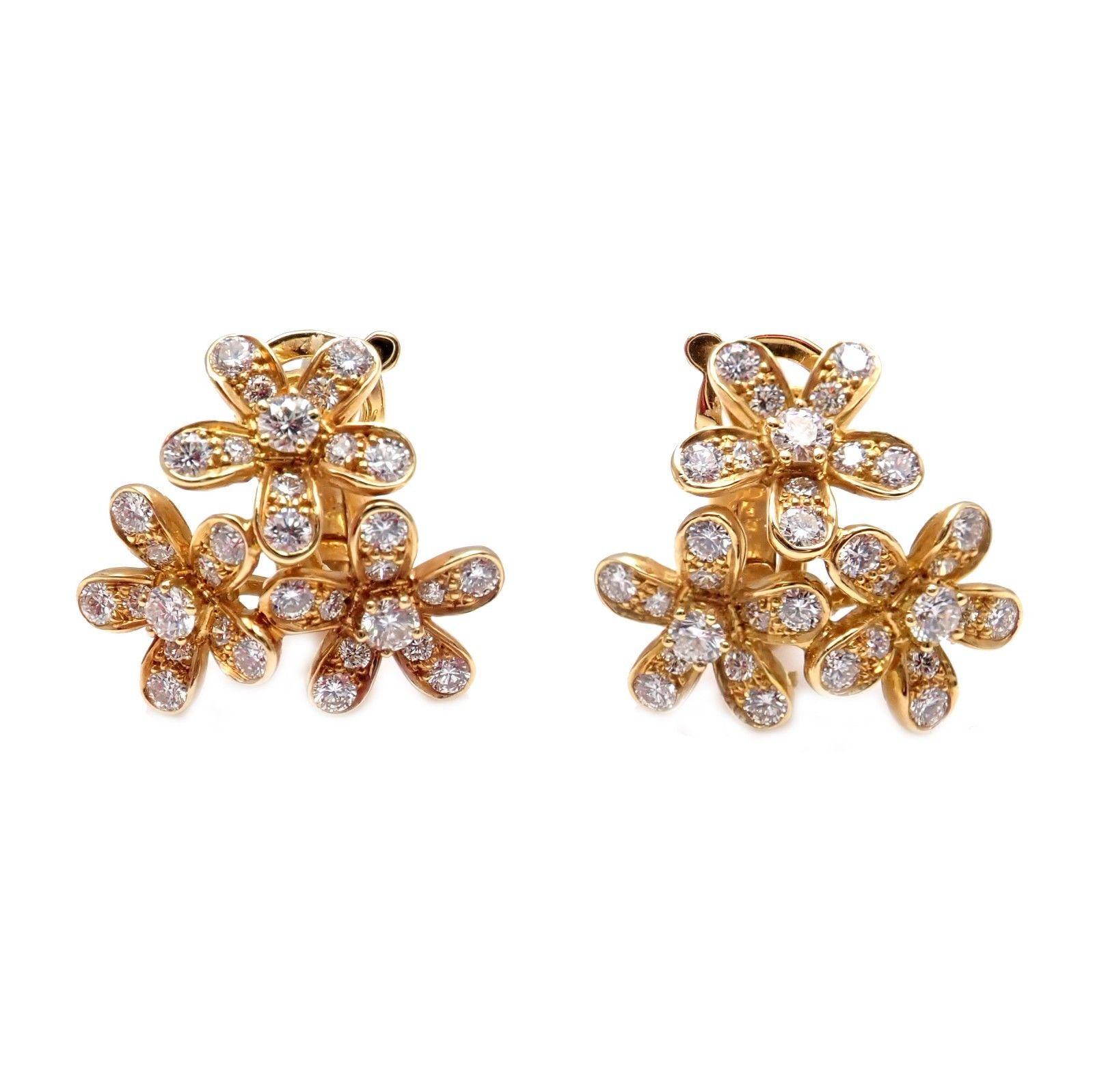 18k Yellow Gold Socrate Diamond Three Flowers Earrings by Van Cleef & Arpels. 
With 66 round brilliant cut diamond VVS1 clarity, E color total weight 1.32ct
These earrings come with Van Cleef & Arpels box.
***These earrings are for pierced