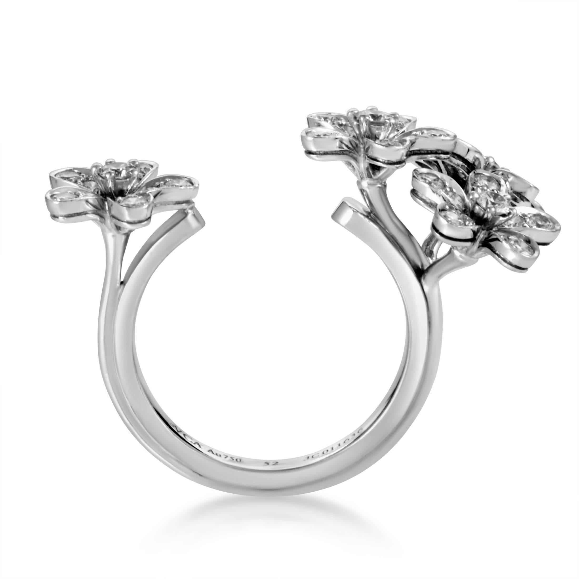Created for the imaginative “Socrate” collection by Van Cleef & Arpels, this gorgeous ring features the endearing floral design that the collection is renowned for. The ring is made of elegant 18K white gold and beautifully set with scintillating