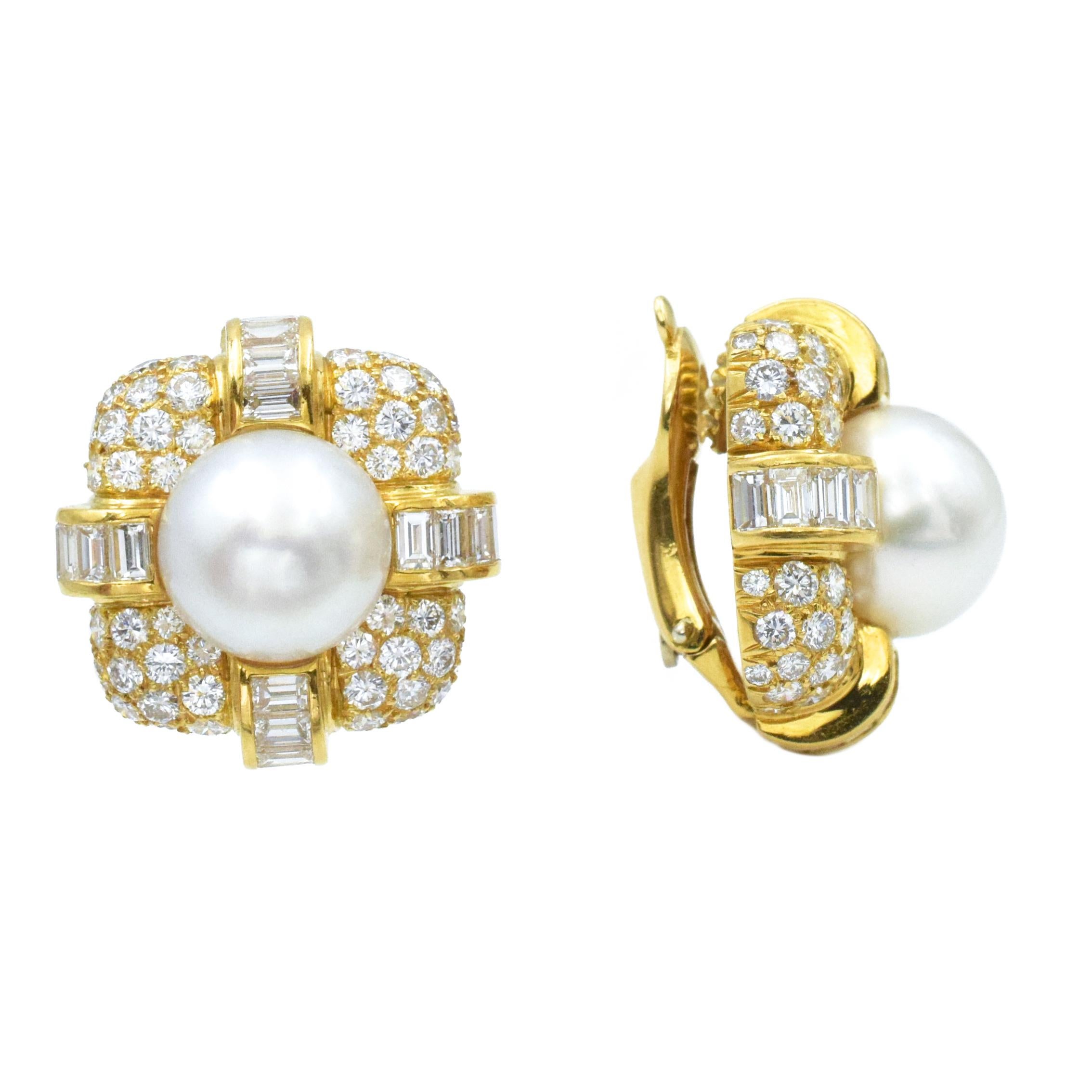 Round Cut Van Cleef & Arpels South Sea Cultured Pearl and Diamond Ear-Clips