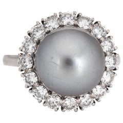 Retro Van Cleef & Arpels South Sea Pearl Ring 1.20 Carat Diamond Platinum Halo S.O