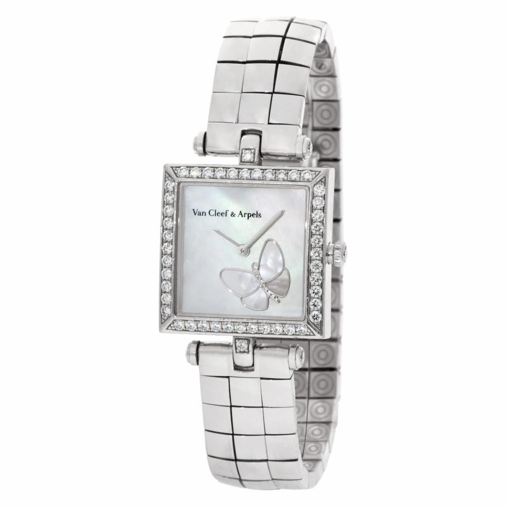 Van Cleef & Arpels Square Papillon watch in 18k white gold featuring a a butterfly motif on Mother of Pearl dial with diamond bezel & diamond accents on crown, lugs & end pieces on a link bracelet with double deployant clasp. Quartz. Ref. HH22989.