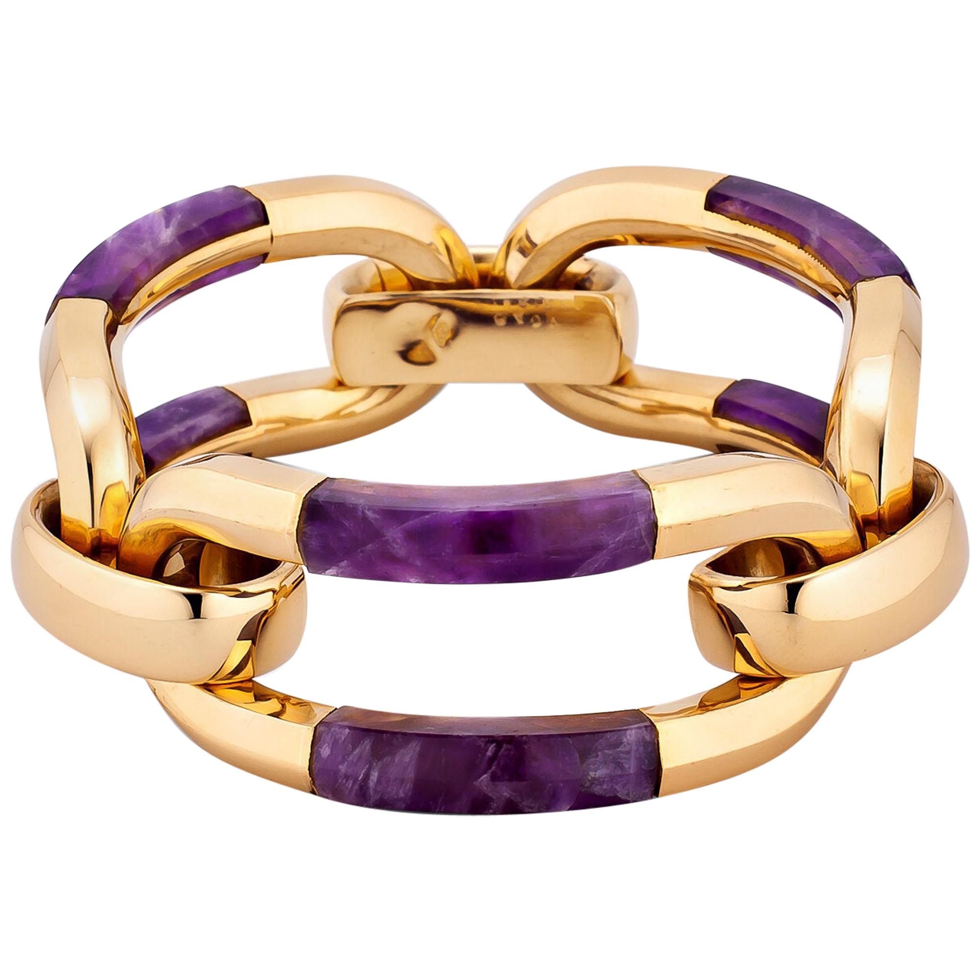 Van Cleef & Arpels Sugilite and Gold Large Link Vintage Bracelet