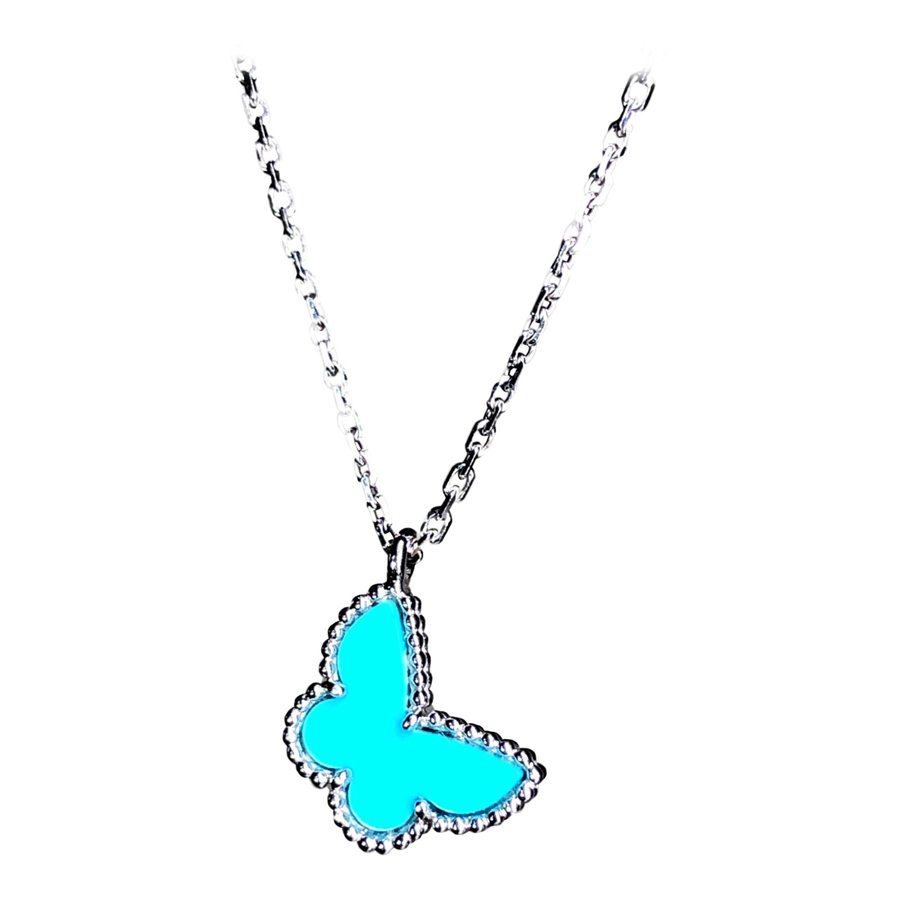 Van Cleef & Arpels Sweet Alhambra 18k White Gold Turquoise Pendant Necklace