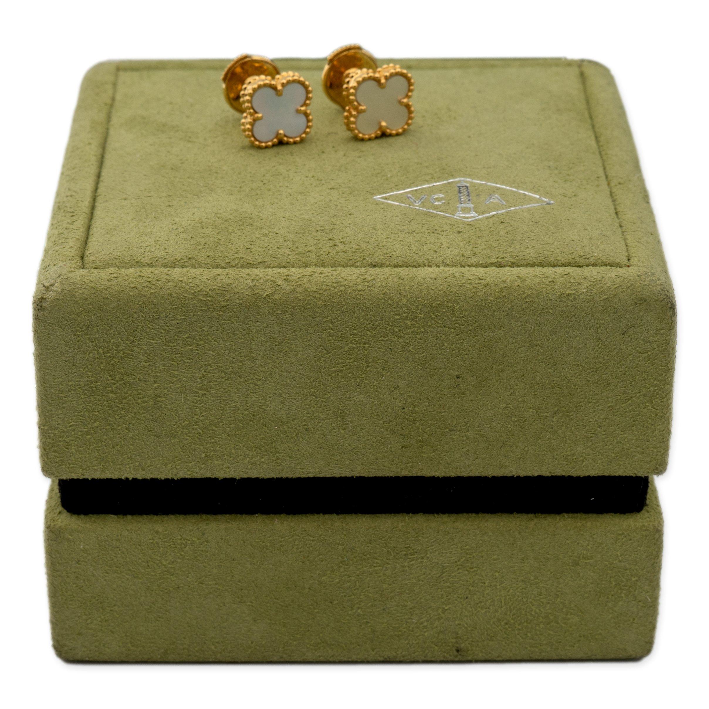 Van Cleef & Arpels Sweet Alhambra 18K Yellow Gold Mother of Pearl Stud Earrings In Excellent Condition In New York, NY