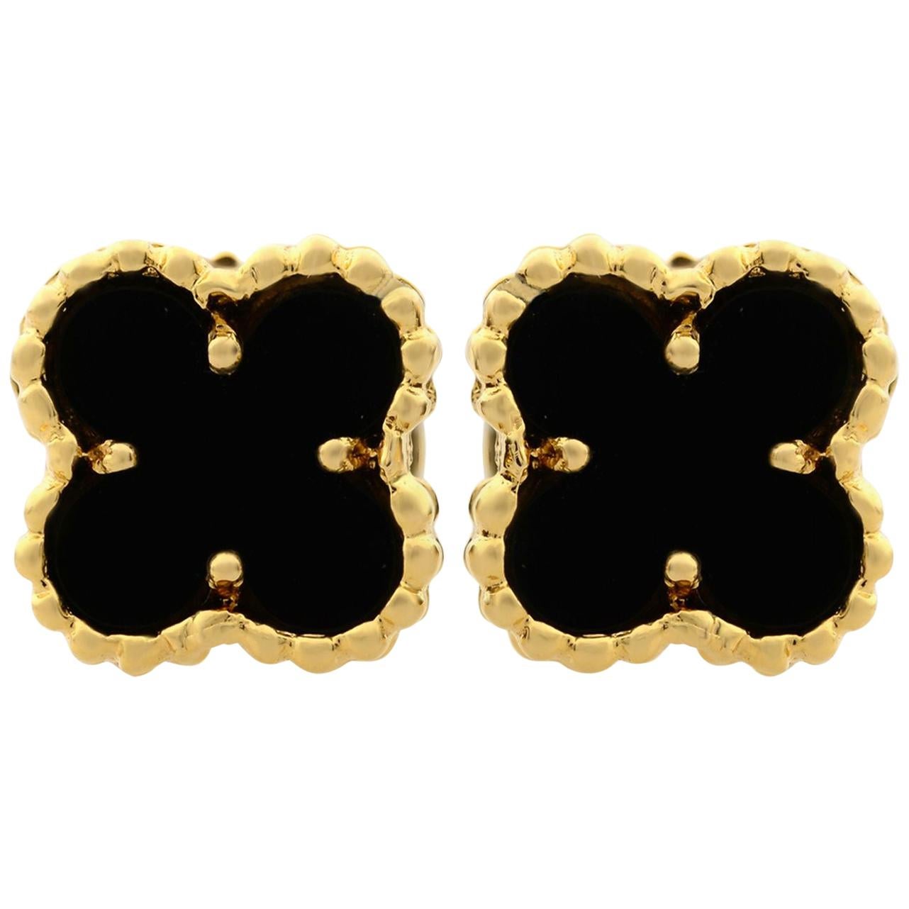 Van Cleef & Arpels Sweet Alhambra 18K Yellow Gold Onyx Small Model Stud Earrings