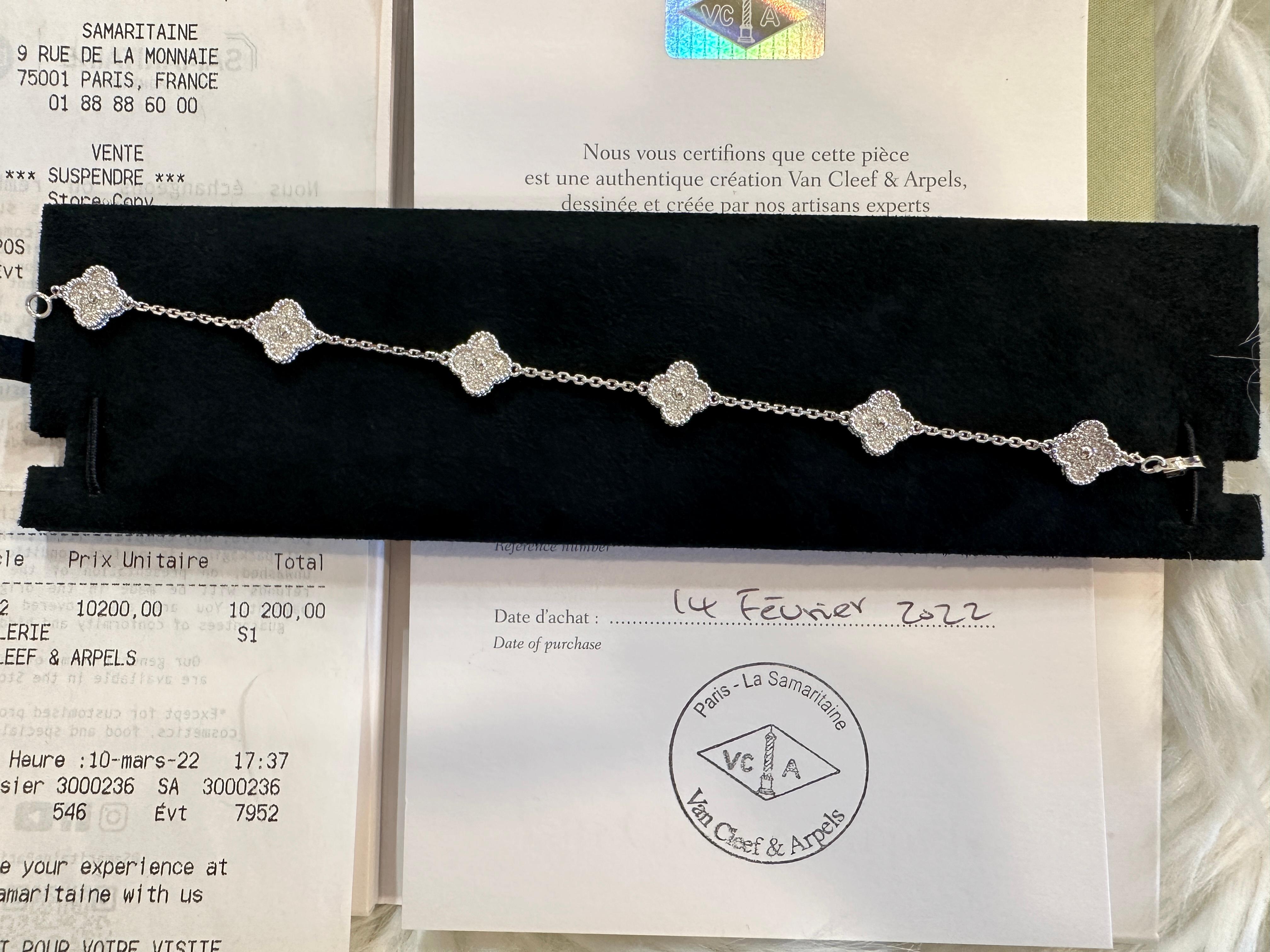 Pre-owned but in pristine condition Sweet Alhambra 6 motifs Diamond bracelet, a cute stack up in the closet. 

Maker: Van Cleef & Arpels

Accessories: Boxes, the original certificate dated 2022, Paris, and the original receipt.

Condition: Like-new