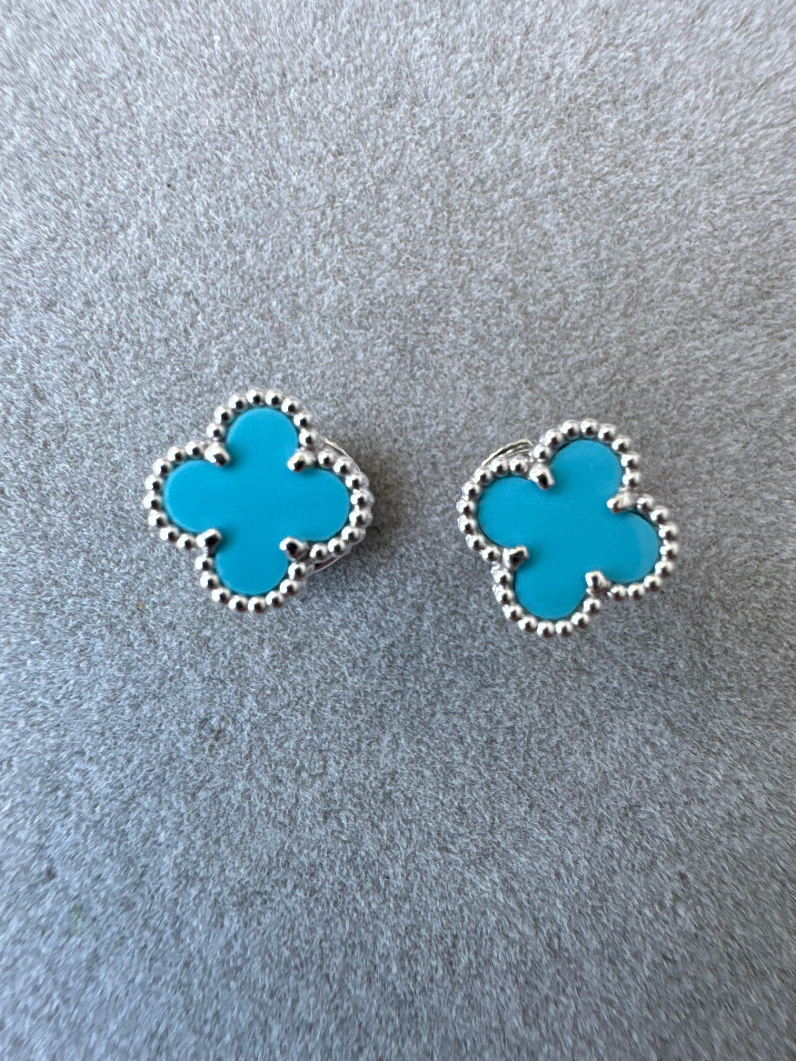 Modern Van Cleef & Arpels Sweet Alhambra Blue Turquoise 18K White Gold Stud Earrings