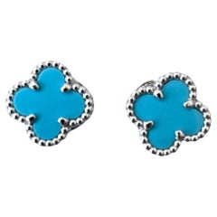 Van Cleef & Arpels Sweet Alhambra Blue Turquoise 18K White Gold Stud Earrings