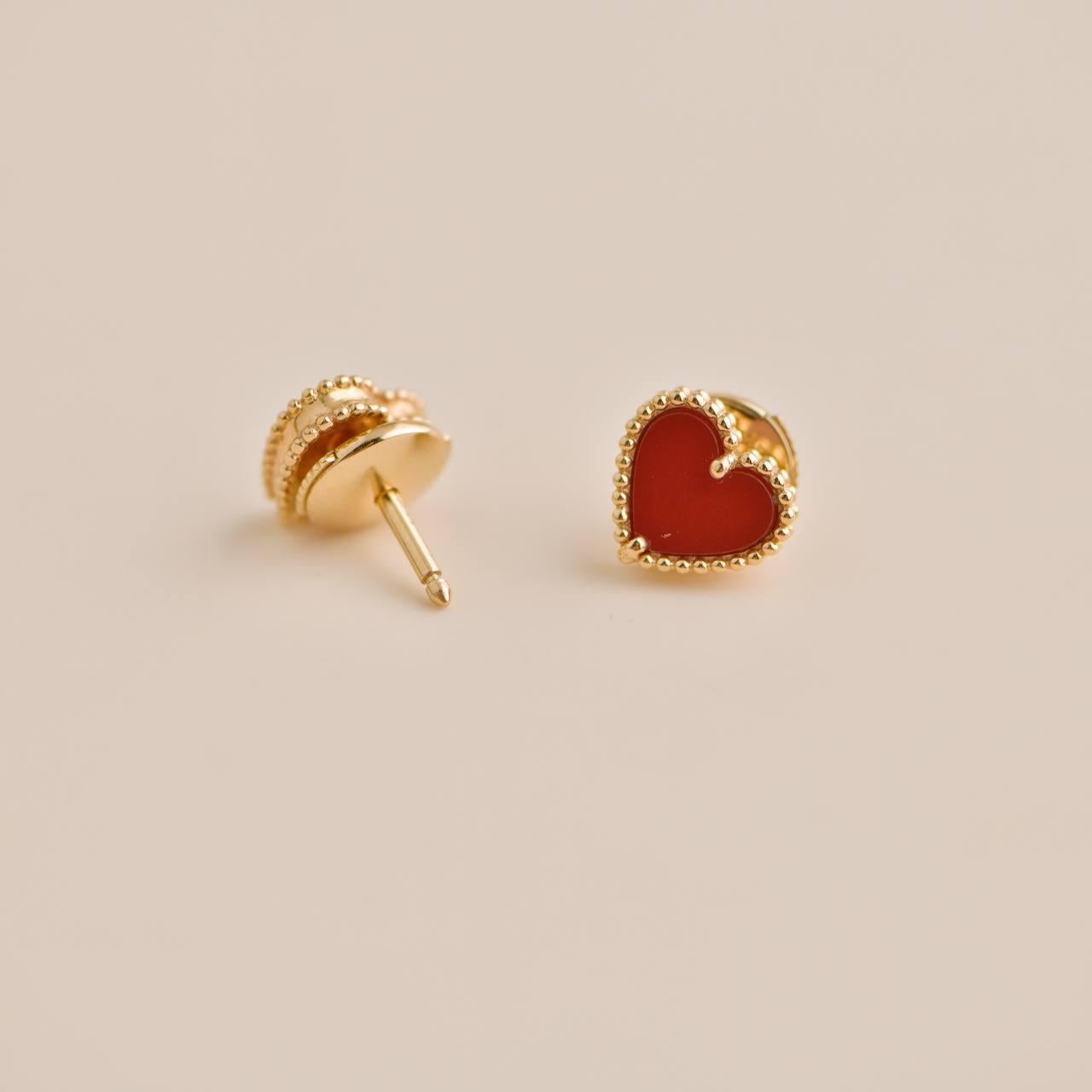 Van Cleef & Arpels Sweet Alhambra Carnelian Heart 18K Rose Gold Earrings 2