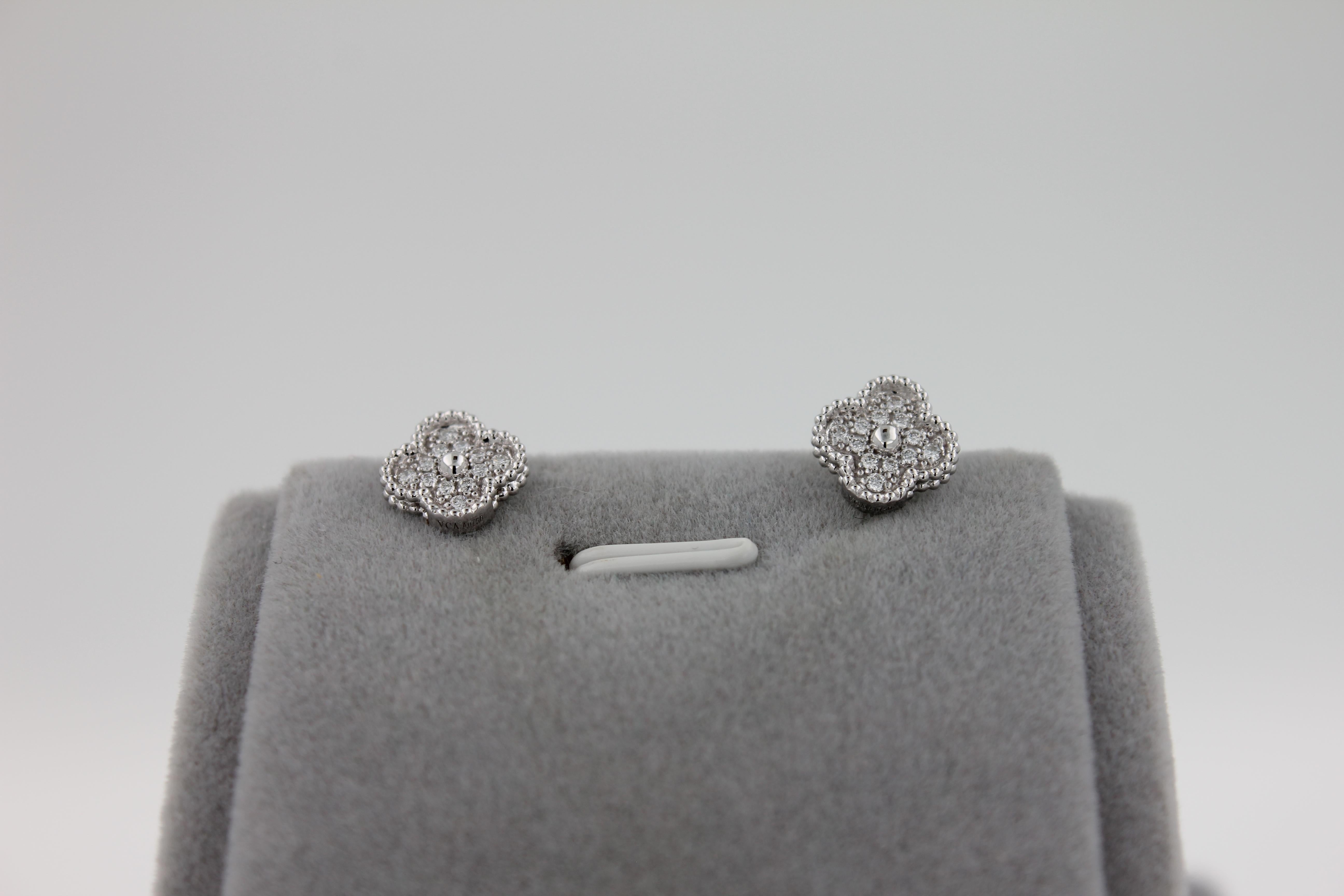 Van Cleef & Arpels Sweet Alhambra Diamond Pave 18K White Gold Stud Earrings 9