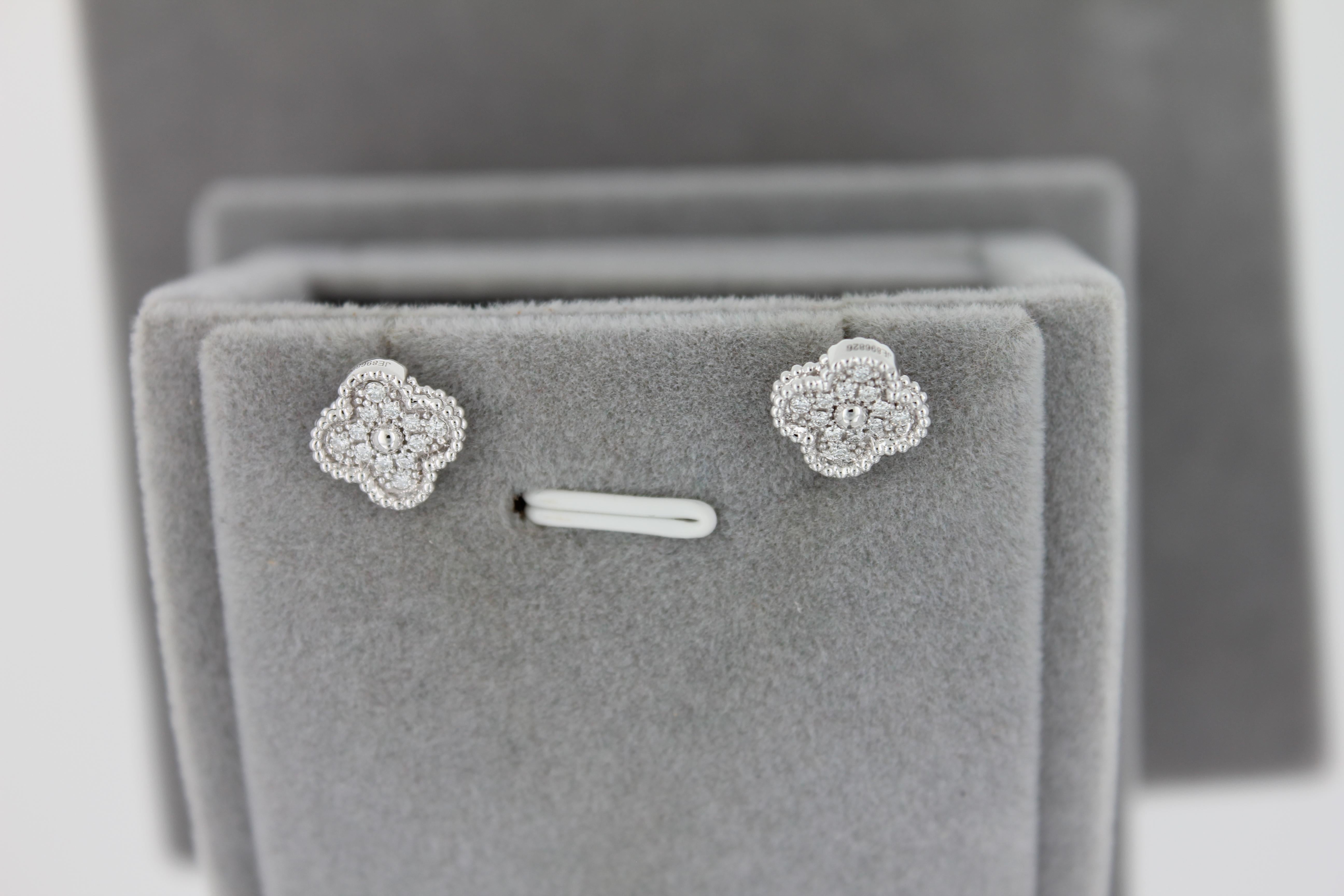 Van Cleef & Arpels Sweet Alhambra Diamond Pave 18K White Gold Stud Earrings 10