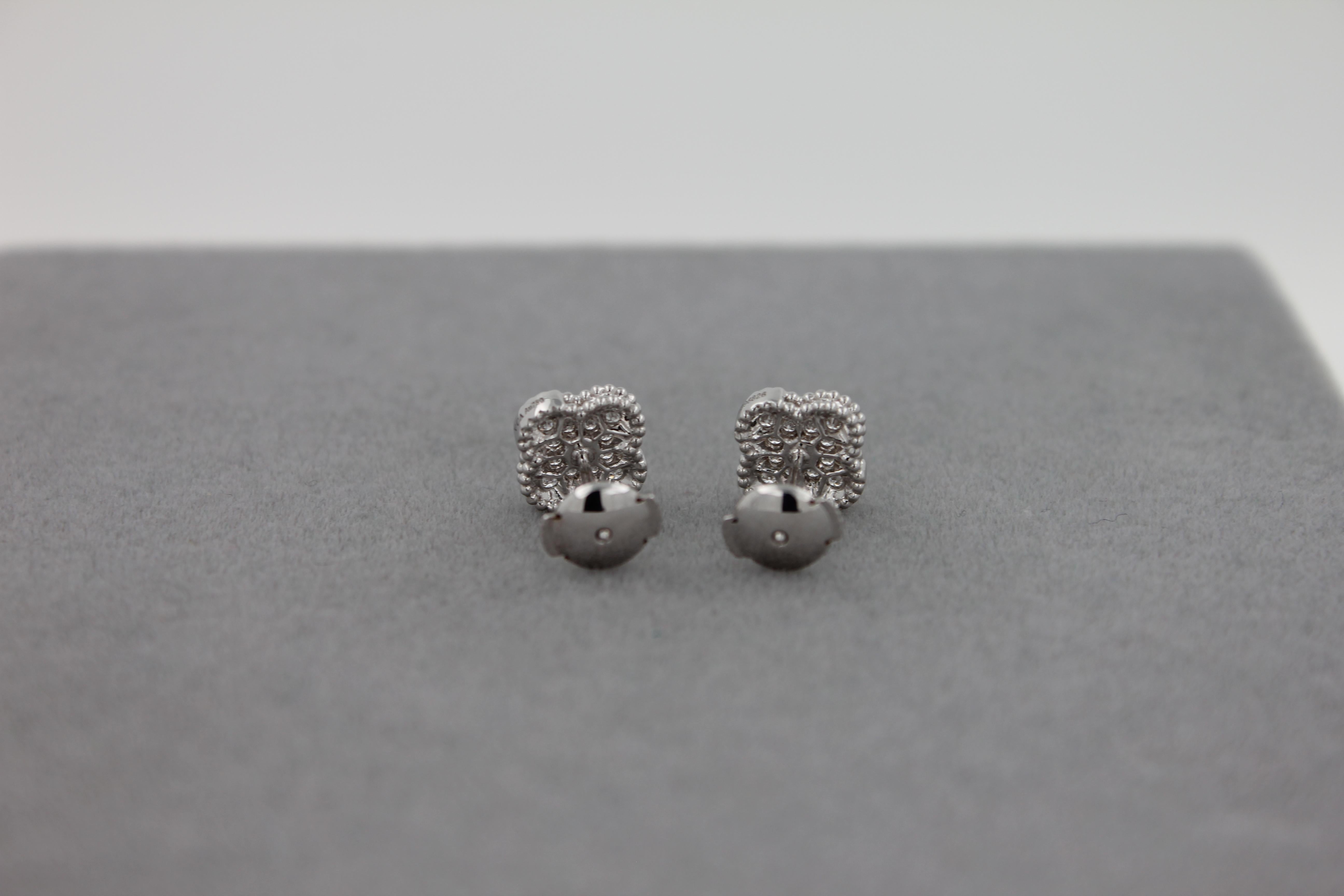 Van Cleef & Arpels Sweet Alhambra Diamond Pave 18K White Gold Stud Earrings In Excellent Condition In Fairfax, VA