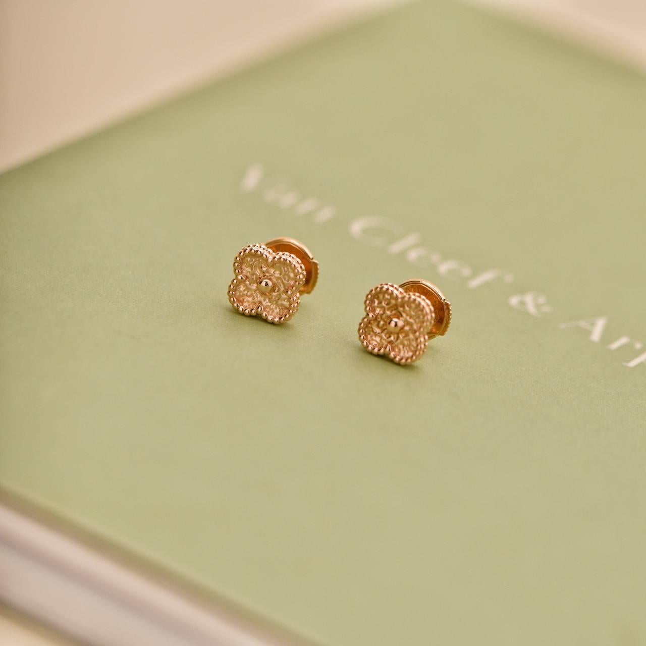 Van Cleef & Arpels Sweet Alhambra Hammered 18k Rose Gold Earrings In Excellent Condition In Banbury, GB
