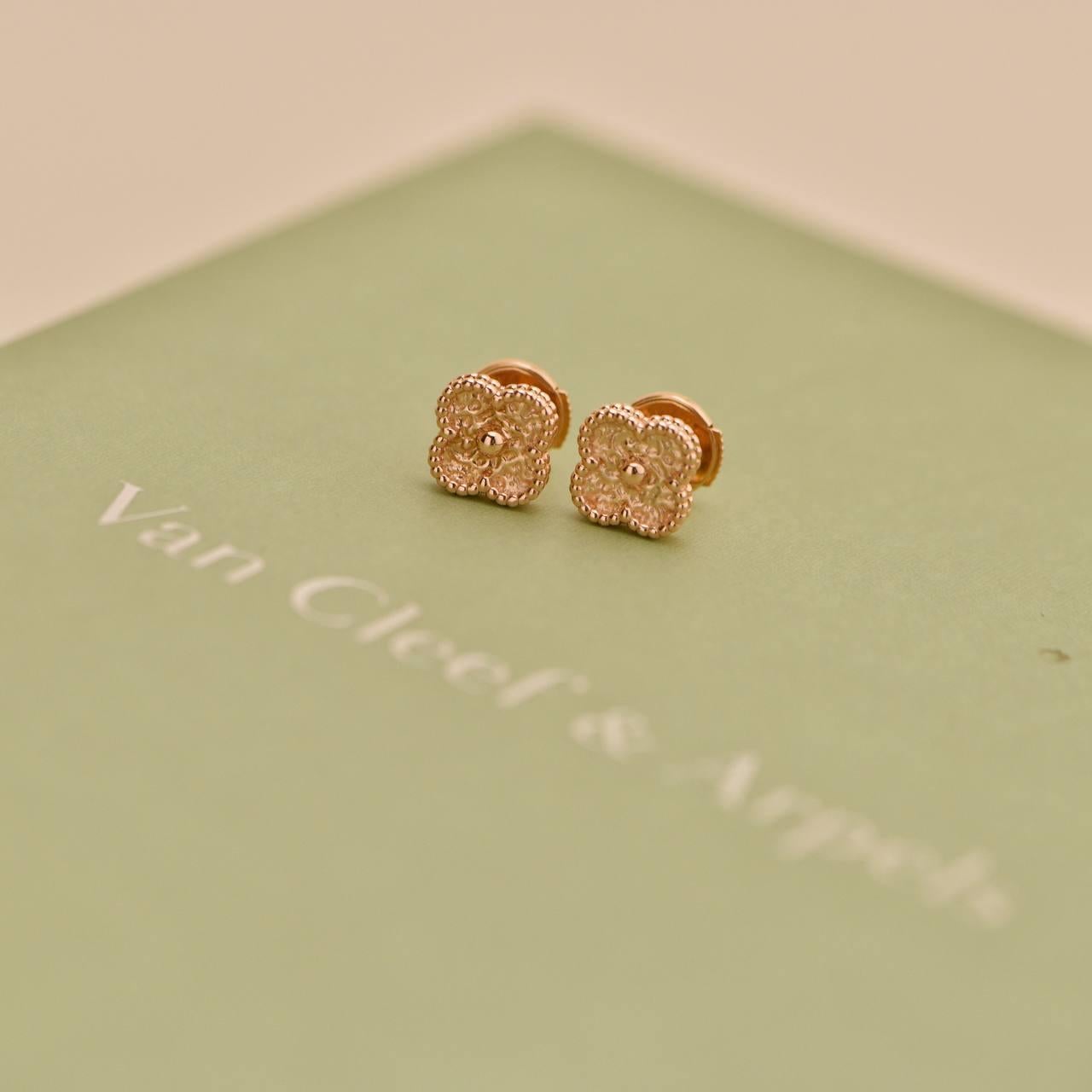 Women's or Men's Van Cleef & Arpels Sweet Alhambra Hammered 18k Rose Gold Earrings