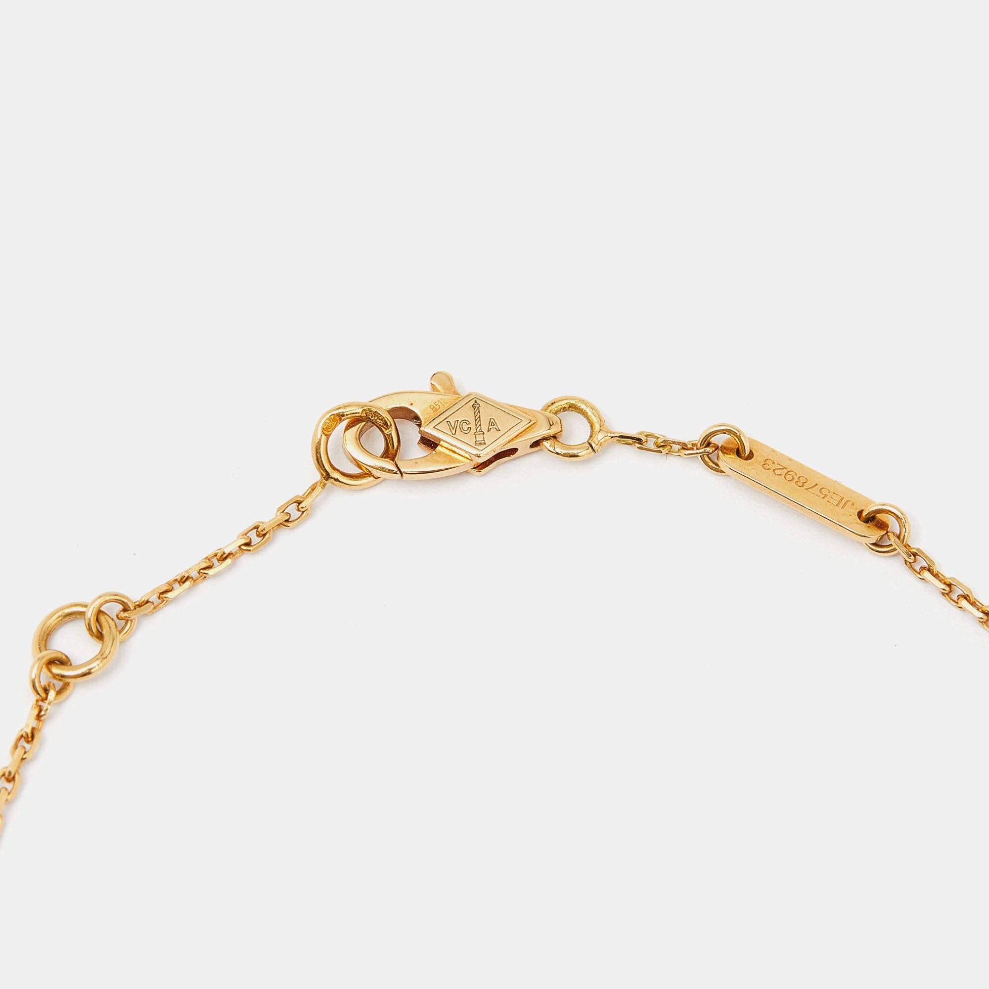 The Van Cleef & Arpels bracelet is an exquisite embodiment of elegance. Crafted with meticulous attention to detail, its delicate design features a luminous mother-of-pearl motif set in radiant 18k yellow gold, exuding timeless sophistication and