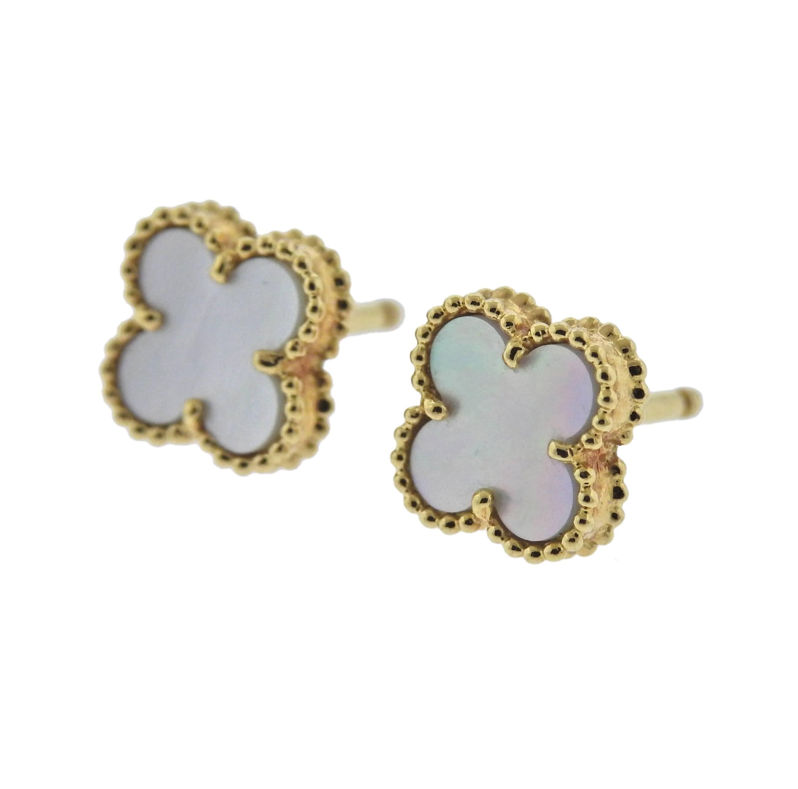 Pair of 18k gold Sweet Alhambra earrings with mother of pearl, crafted by Can Cleef & Arpels. Come with box and COA. Retail $2300. Earrings are 9mm x 9mm (VCA size 