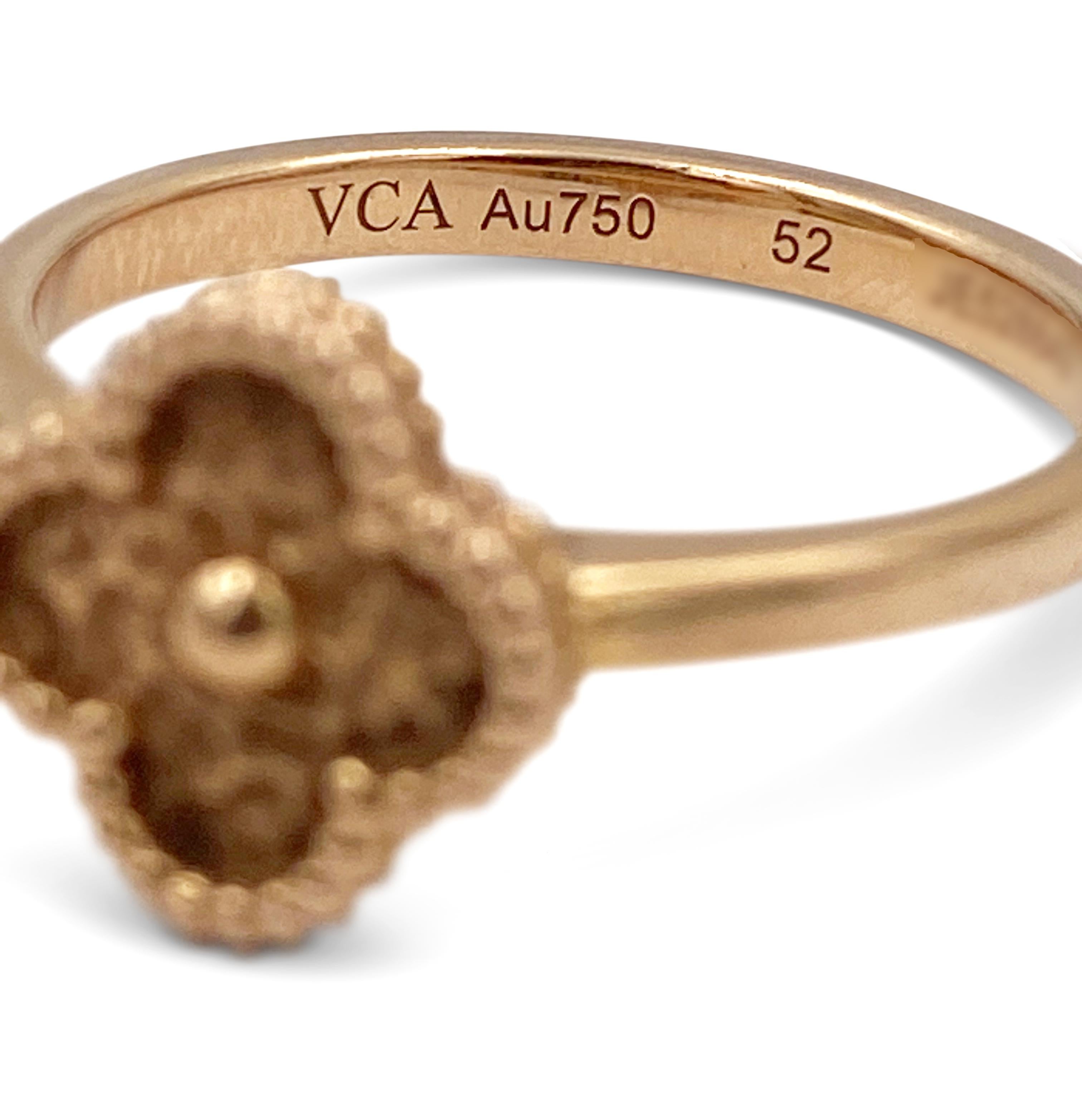 Authentic Van Cleef & Arpels Sweet Alhambra motif ring crafted in 18 karat rose gold. Signed VCA, Au750 with serial number. Ring size 52 (US 6). The ring is presented without original Van Cleef & Arpels box or papers. CIRCA 2010s. 