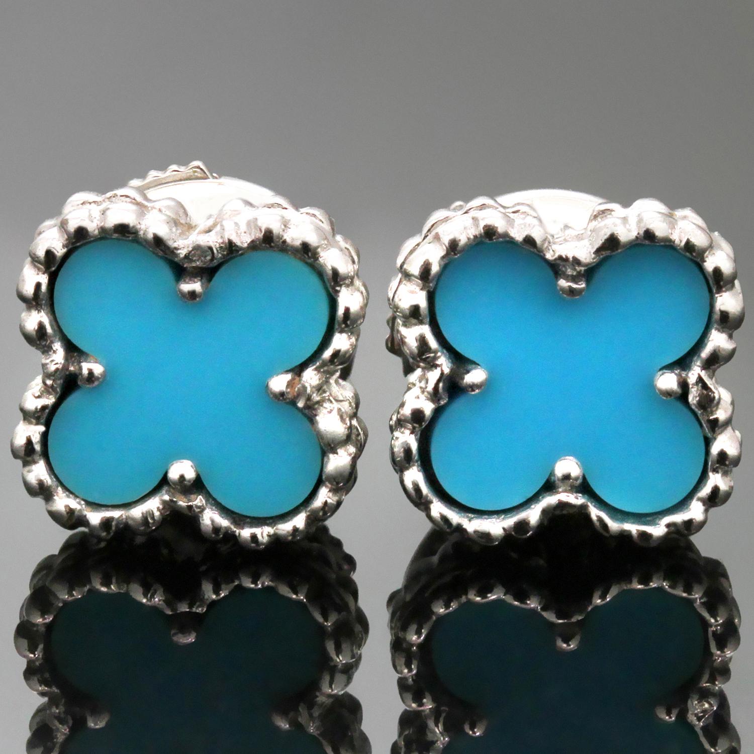 These stunning Van Cleef & Arpels stud earrings from the iconic Sweet Alhambra collection feature the lucky clover design crafted in 18k yellow gold and set with blue turquoise. Made in France circa 2000s. Measurements: 0.38