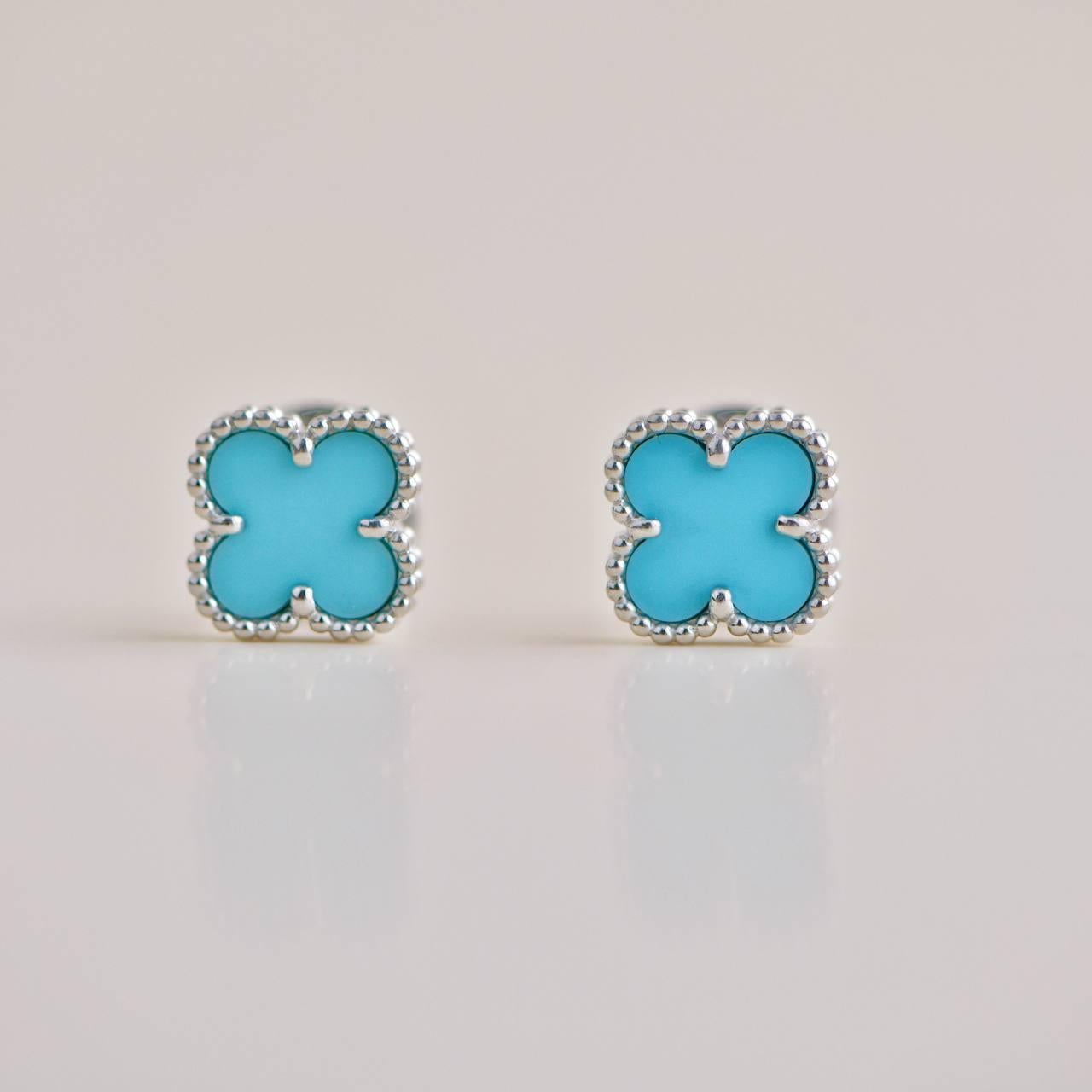 Van Cleef & Arpels Sweet Alhambra Turquoise 18K White Gold Earrings In Excellent Condition In Banbury, GB