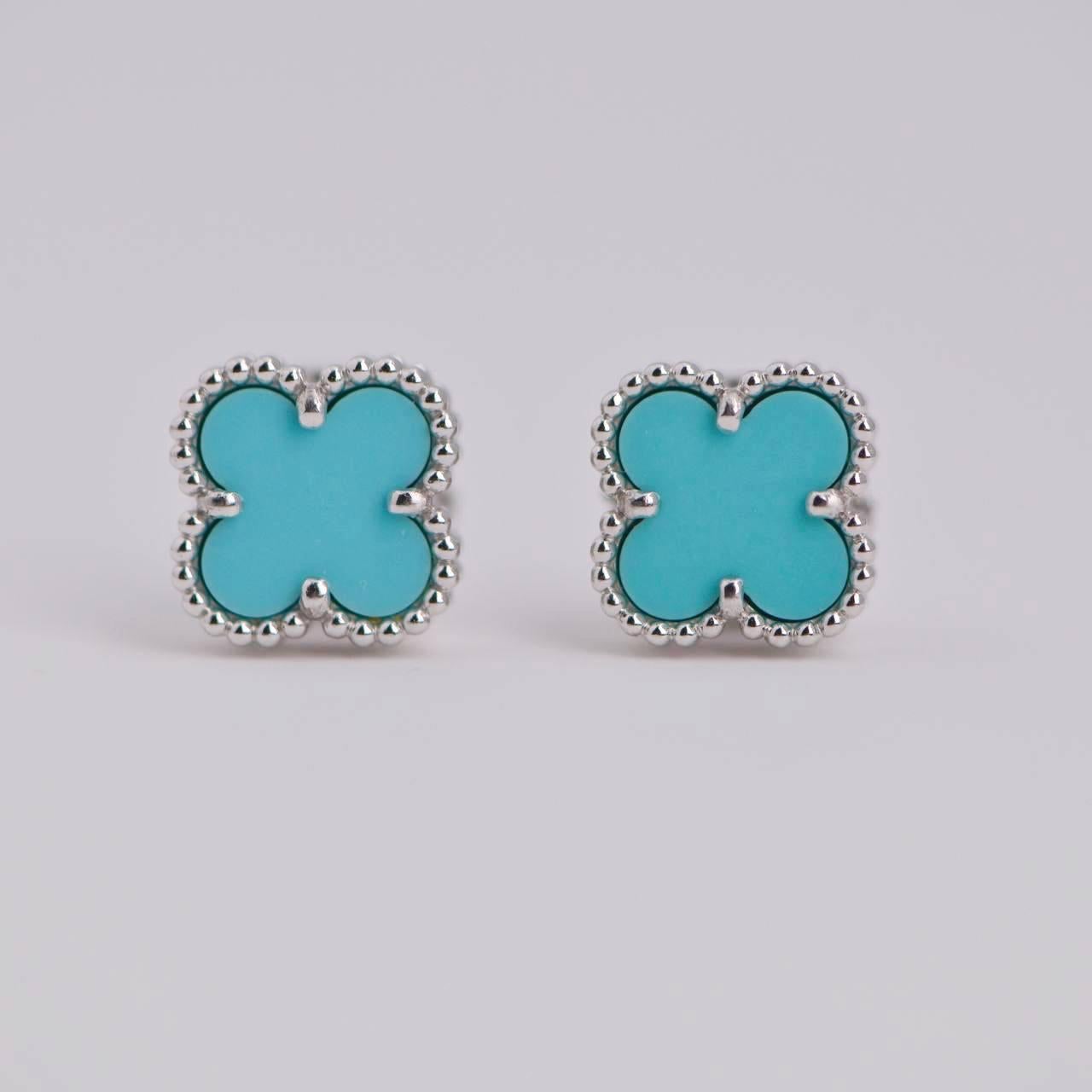 Uncut Van Cleef & Arpels Sweet Alhambra Turquoise 18K White Gold Earstuds