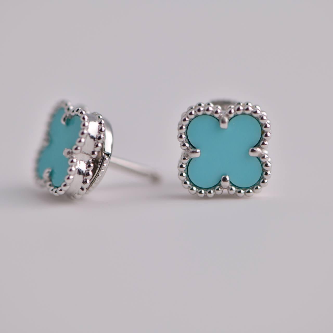 Van Cleef & Arpels Sweet Alhambra Turquoise 18K White Gold Earstuds For Sale 1