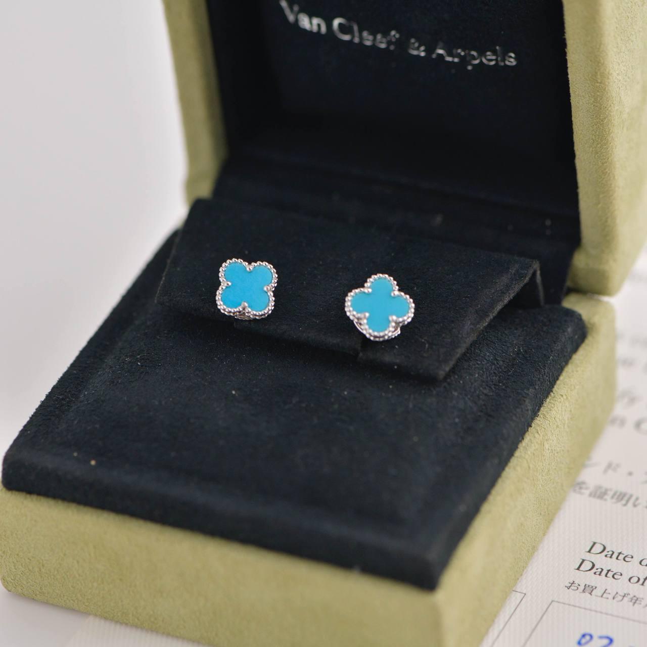 Van Cleef & Arpels Sweet Alhambra Turquoise 18K White Gold Earstuds For Sale 2
