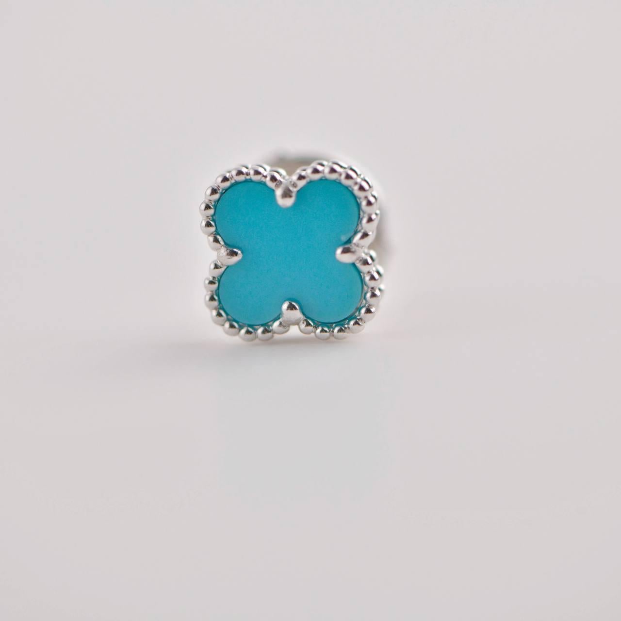 Van Cleef & Arpels Sweet Alhambra Turquoise 18K White Gold Earstuds For Sale 4