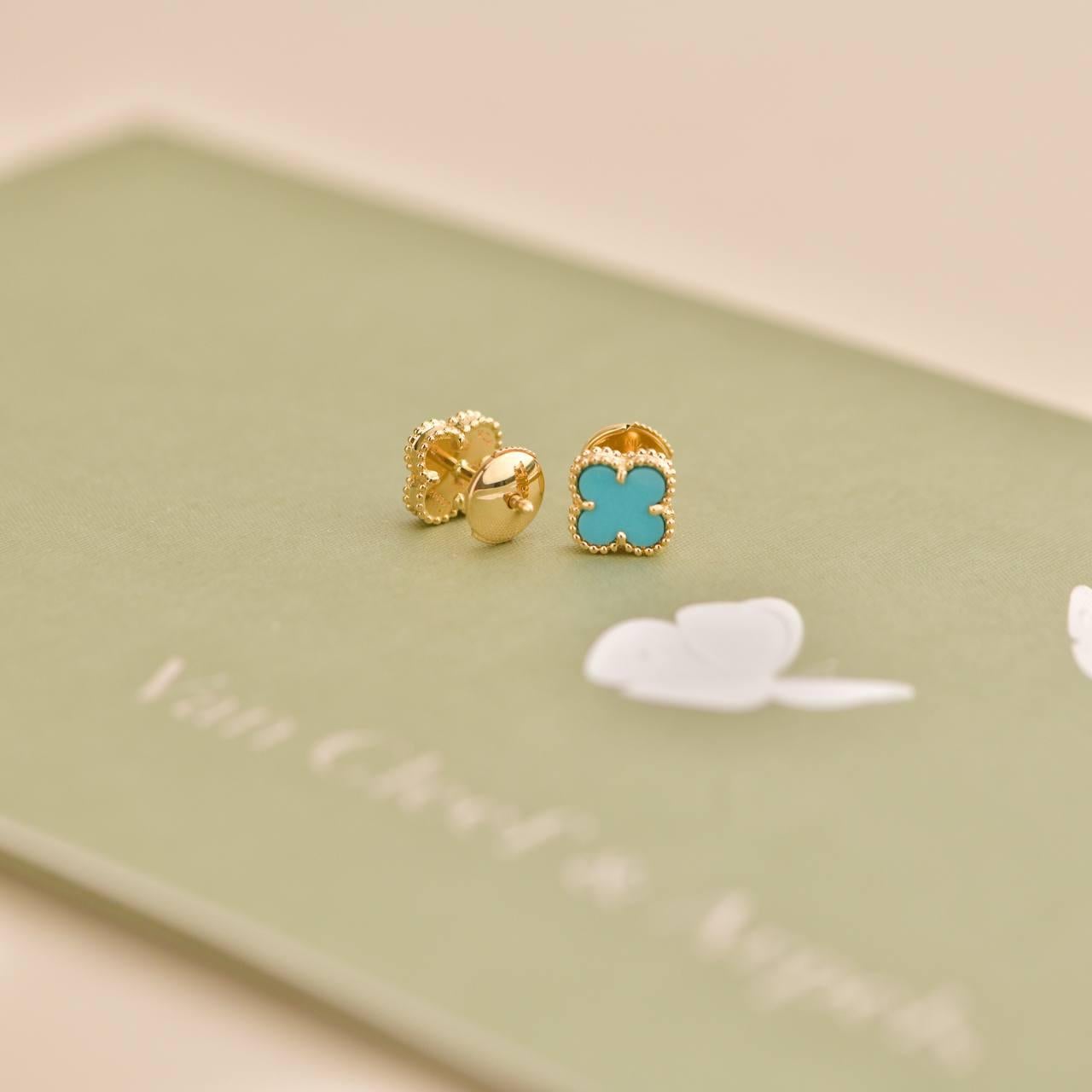 Van Cleef & Arpels Boucles d'oreilles Alhambra Turquoise or jaune 18K Unisexe 