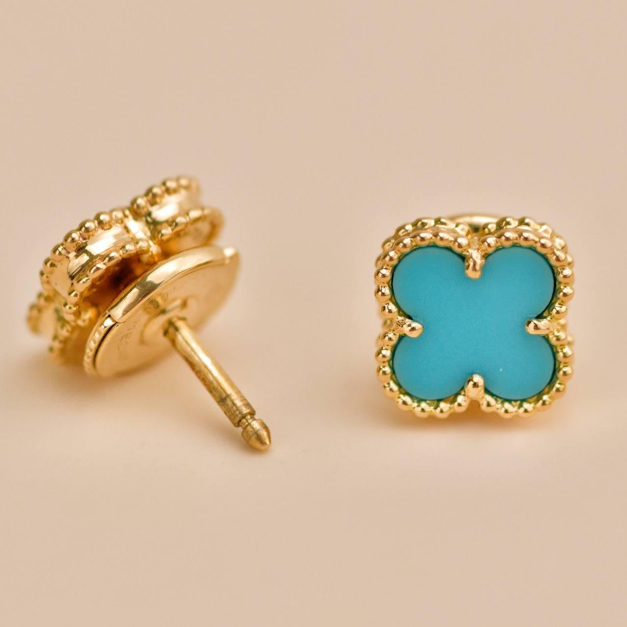 Van Cleef & Arpels Sweet Alhambra Turquoise 18K Yellow Gold Earrings 2