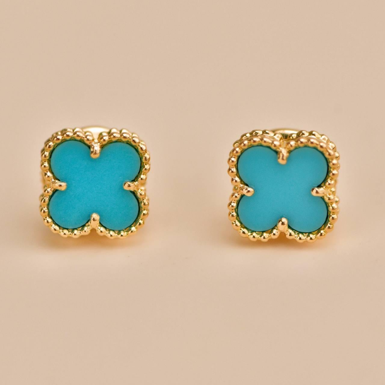 Van Cleef & Arpels Sweet Alhambra Turquoise 18K Yellow Gold Earrings 4