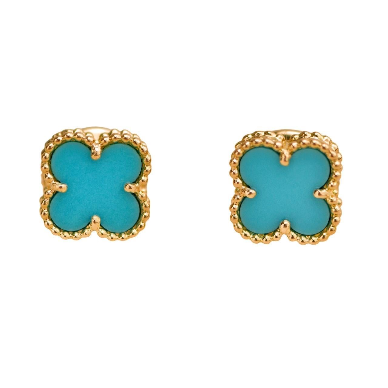 Van Cleef 
Arpels Sweet Alhambra Turquoise 18K Yellow Gold Earrings
