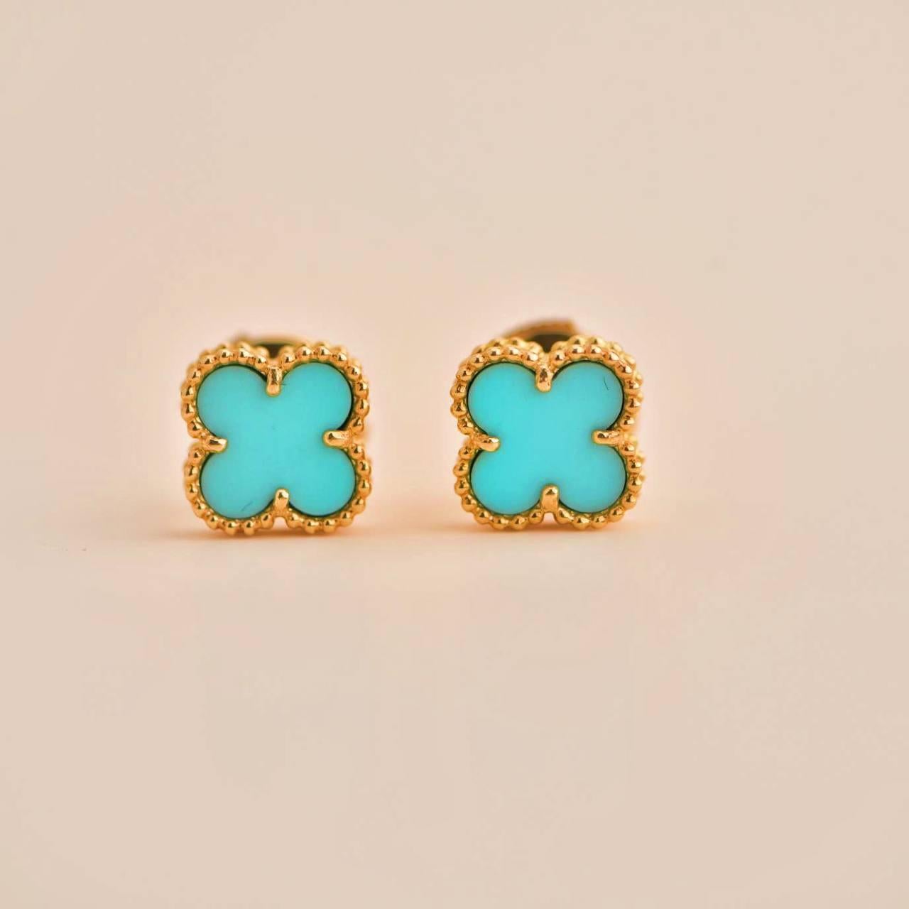 Uncut Van Cleef & Arpels Sweet Alhambra Turquoise 18k Yellow Gold Earstuds