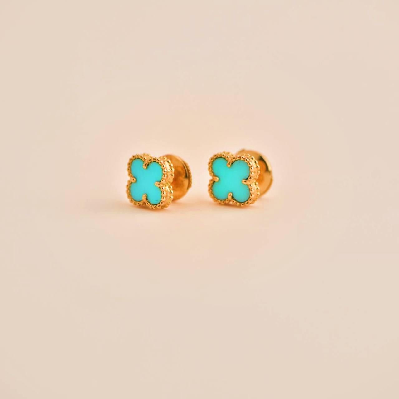 Women's or Men's Van Cleef & Arpels Sweet Alhambra Turquoise 18k Yellow Gold Earstuds