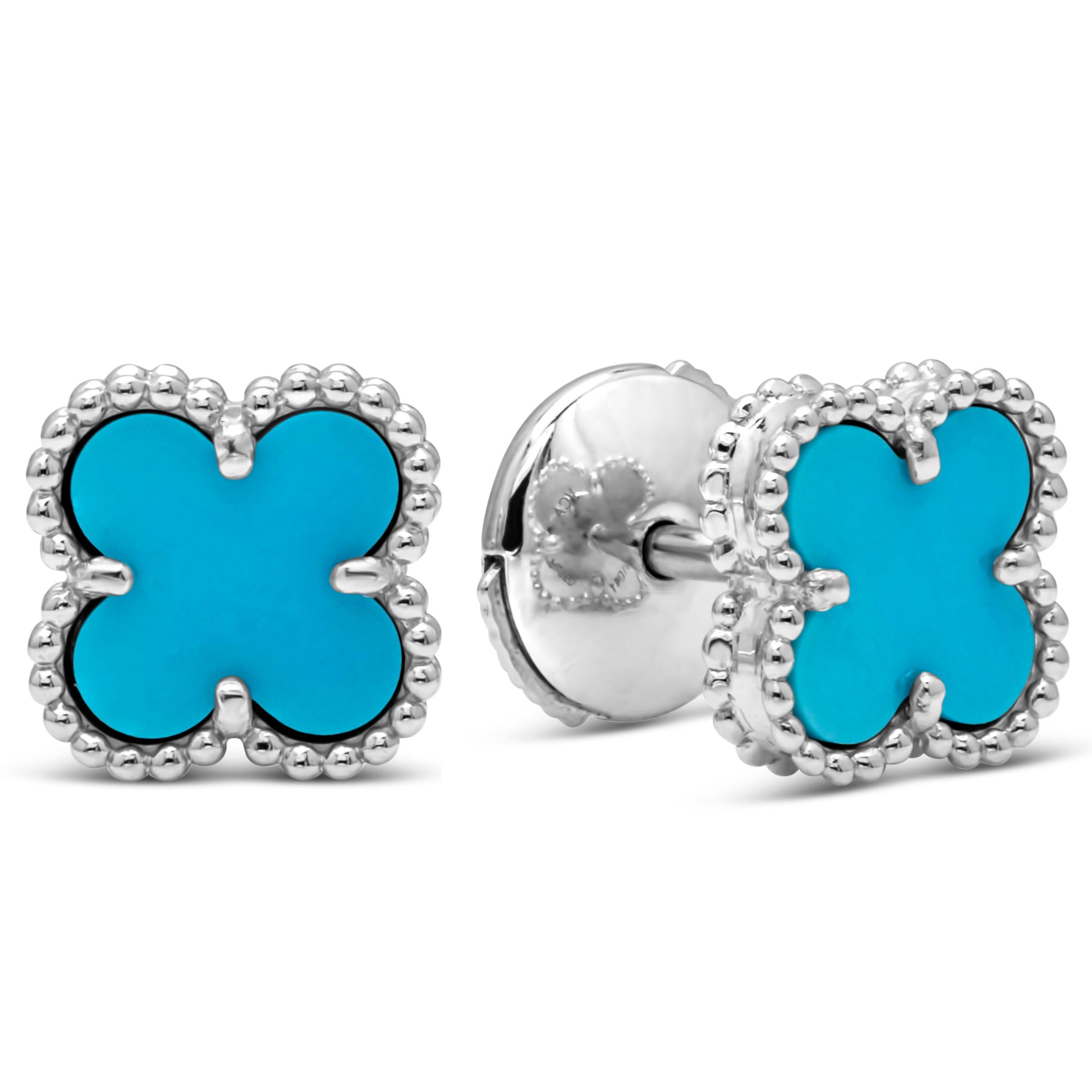 Showcasing a classic & unique sweet Alhambra turquoise stud earrings set in a four prong 18k white gold halo clover design.
Comes with original box.