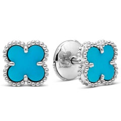 Van Cleef & Arpels Sweet Alhambra Turquoise Clover White Gold Stud Earrings