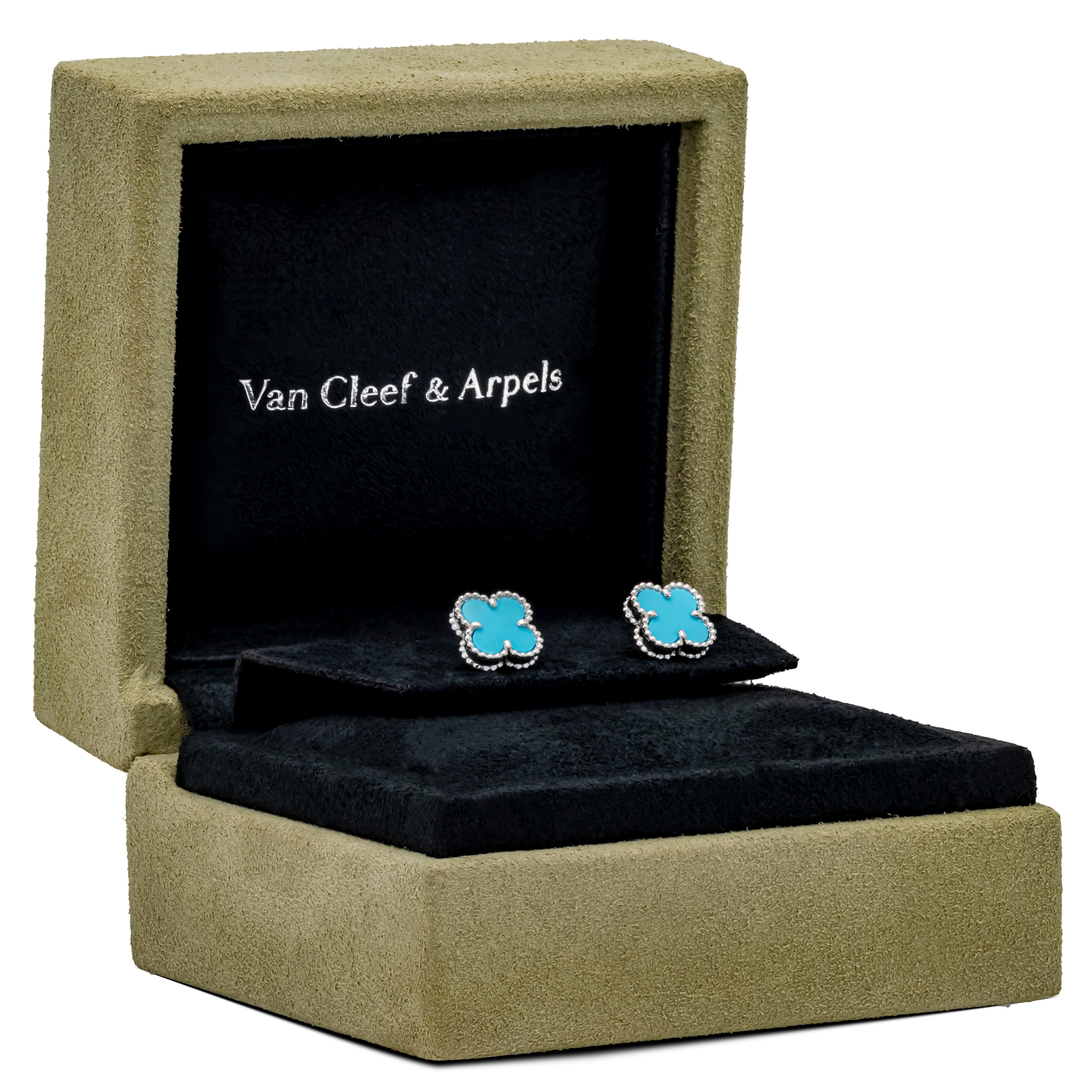 Contemporary Van Cleef & Arpels Sweet Alhambra Turquoise Clover White Gold Stud Earrings For Sale
