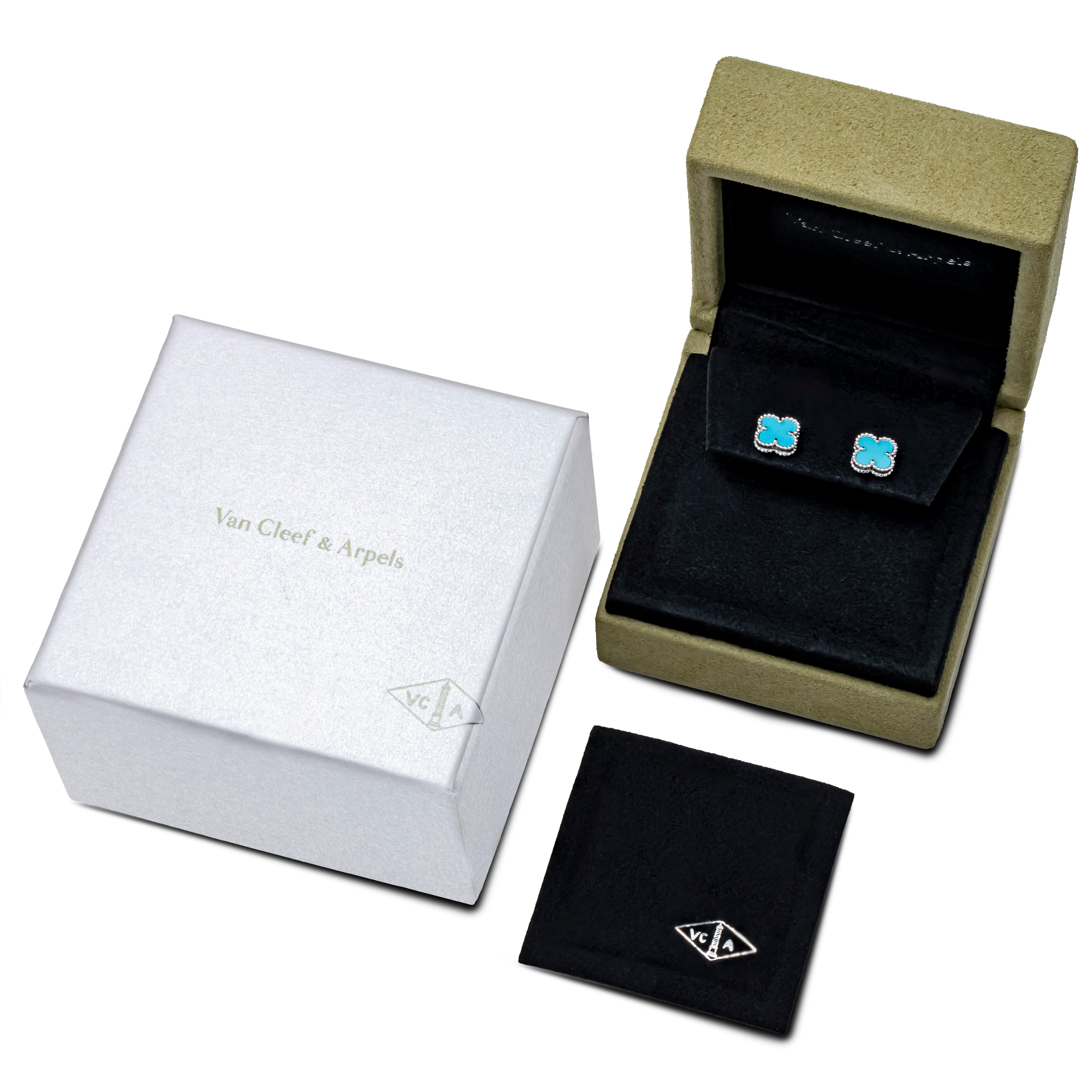 Uncut Van Cleef & Arpels Sweet Alhambra Turquoise Clover White Gold Stud Earrings For Sale