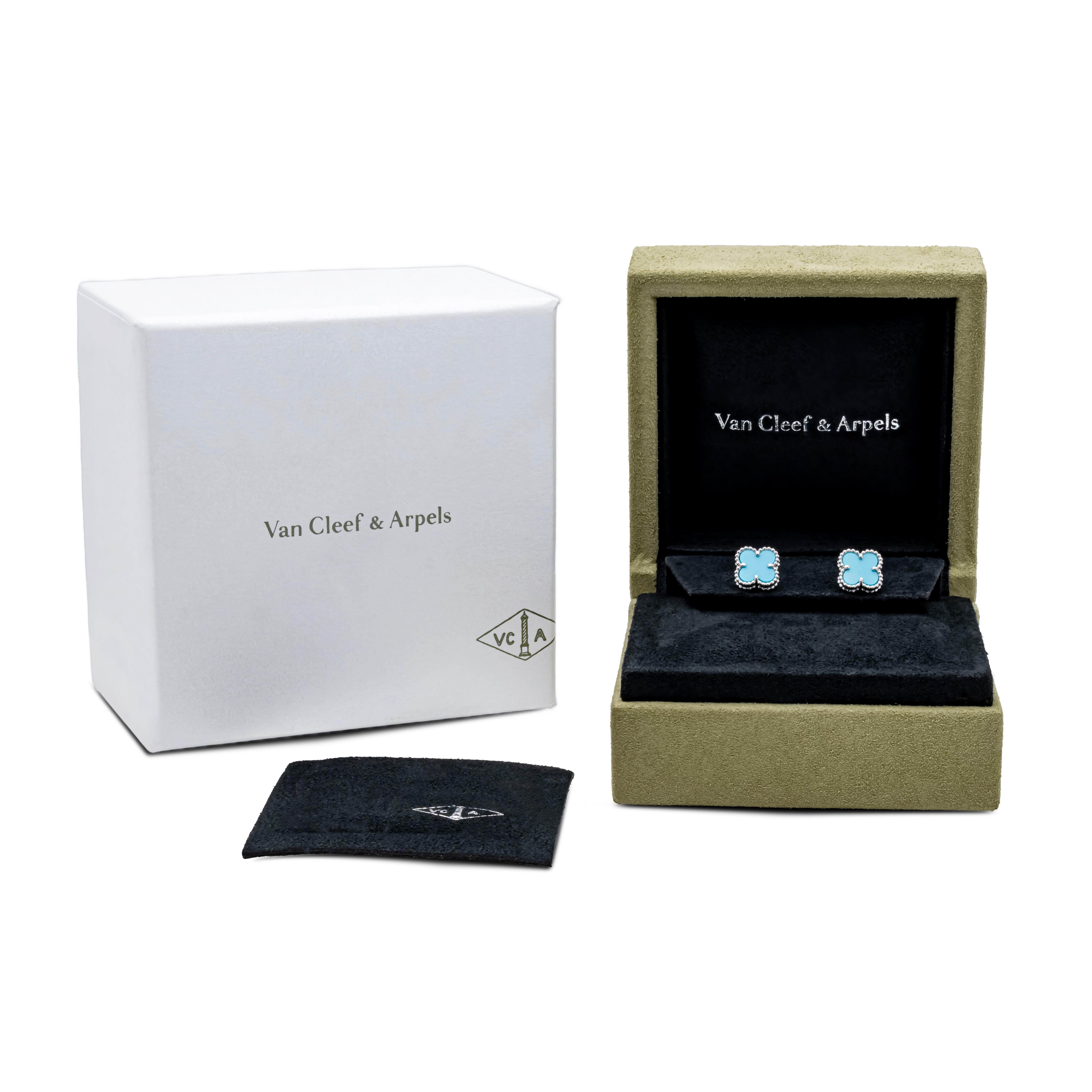 Van Cleef & Arpels Sweet Alhambra Turquoise Clover White Gold Stud Earrings In Excellent Condition In New York, NY