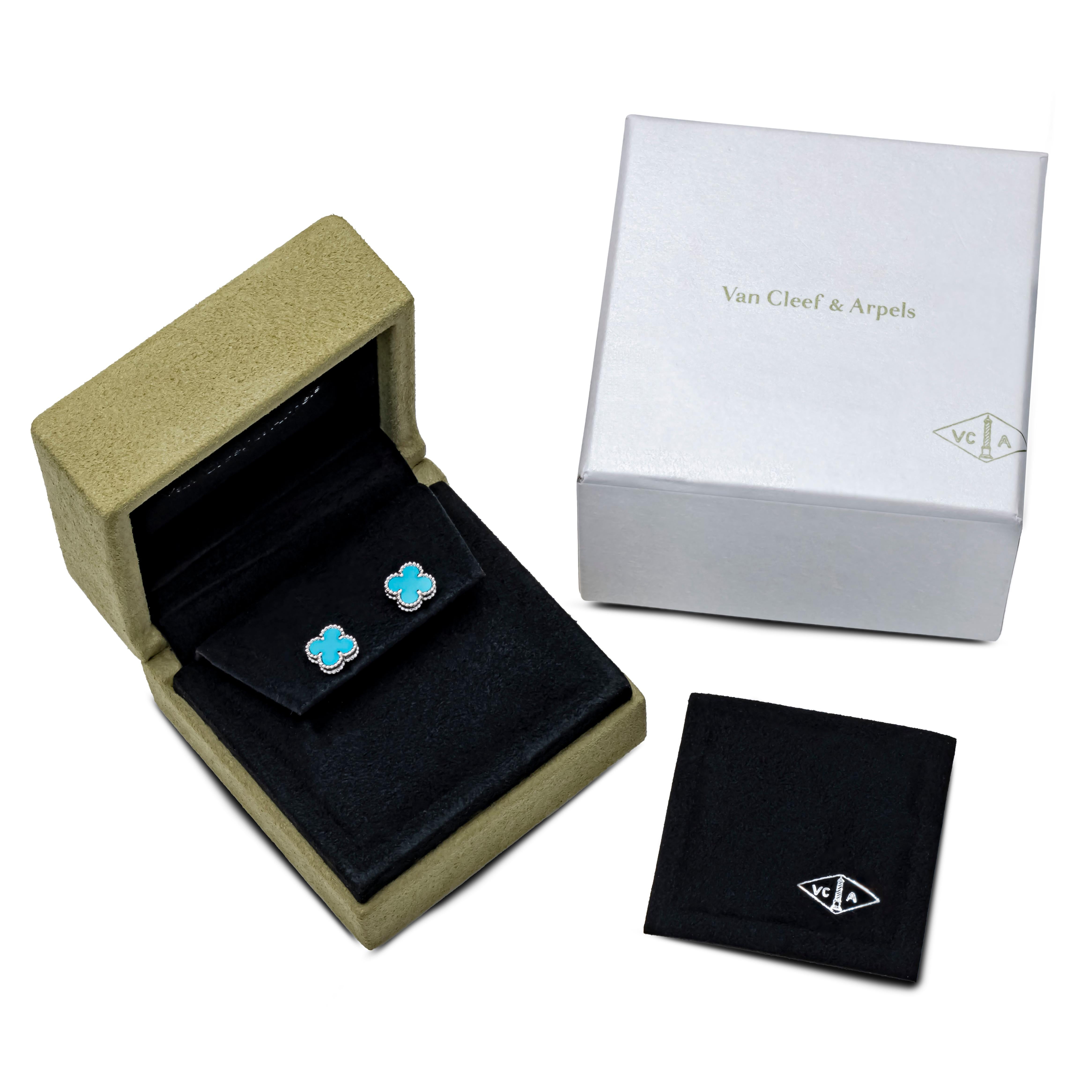 Women's Van Cleef & Arpels Sweet Alhambra Turquoise Clover White Gold Stud Earrings For Sale