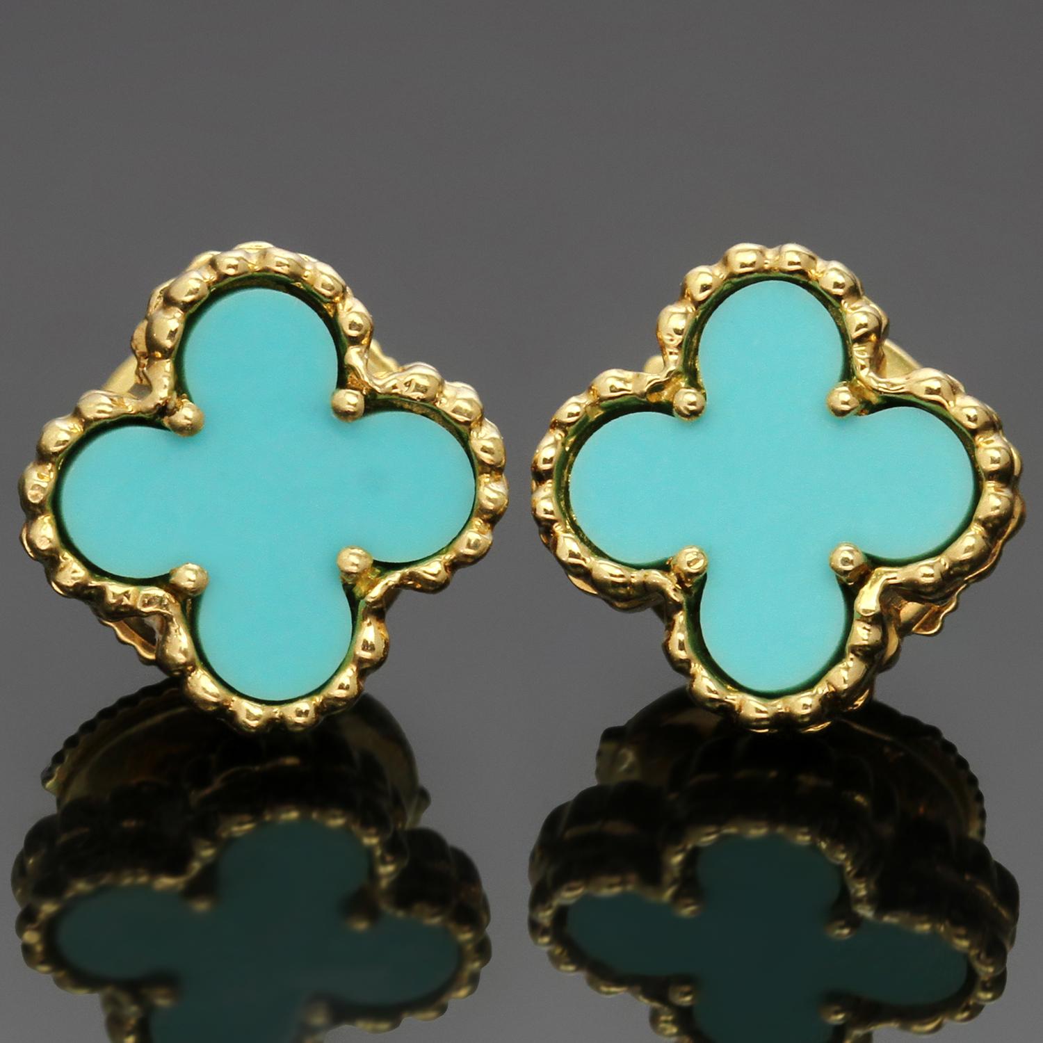 These stunning Van Cleef & Arpels stud earrings from the iconic Sweet Alhambra collection feature the lucky clover design crafted in 18k yellow gold and set with blue turquoise. Made in France circa 2008. Measurements: 0.35