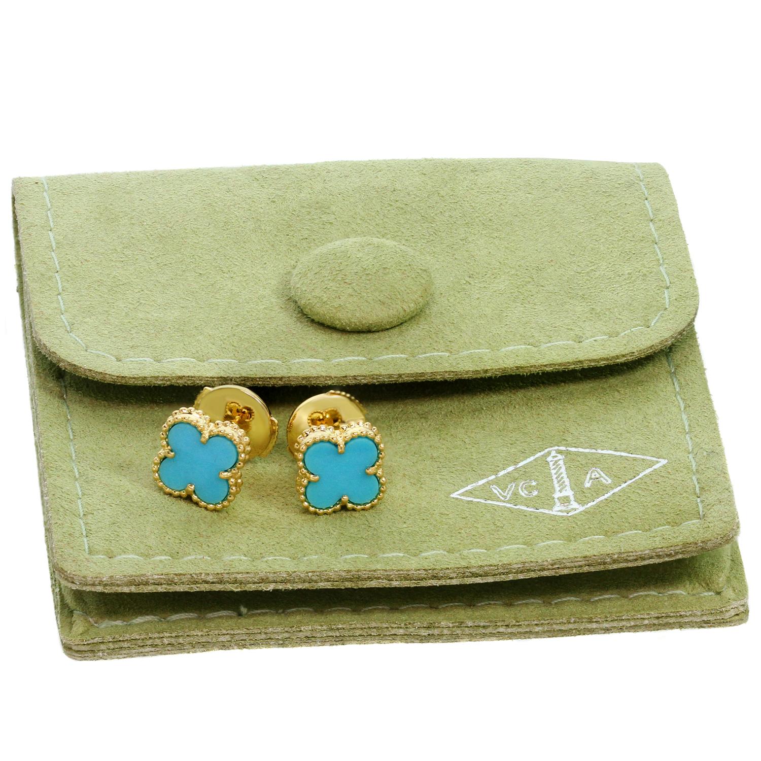 These gorgeous Van Cleef & Arpels earrings iconic Sweet Alhambra collection feature the lucky clover design crafted in 18k yellow gold and set with blue turquoise stones. Made in France circa 2000s. Measurements: 0.35