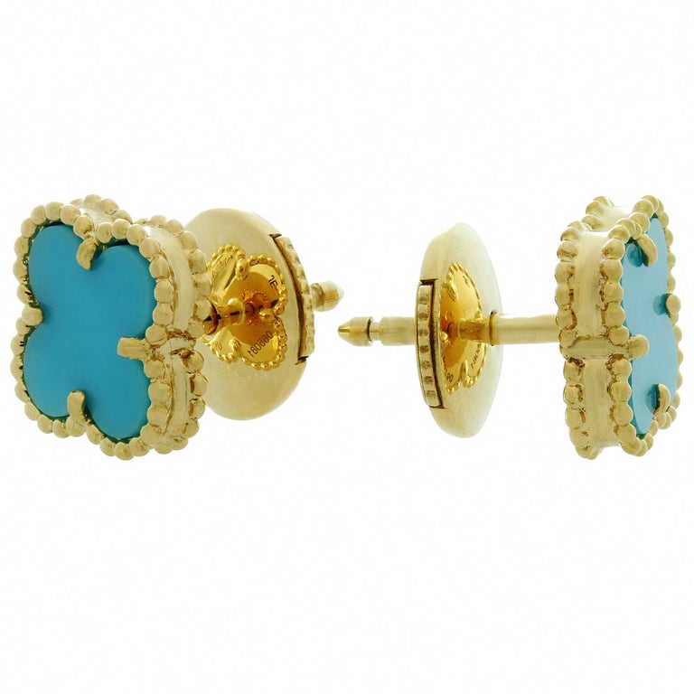 Van Cleef and Arpels Sweet Alhambra Turquoise YG Earrings. VCA Pouch