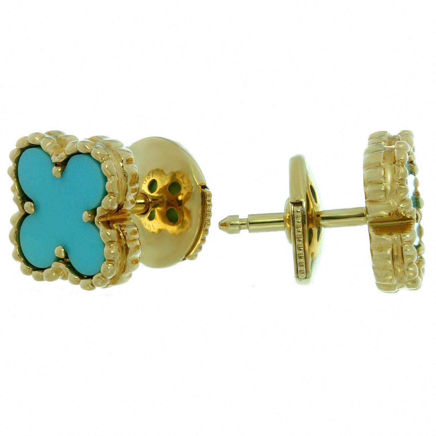 Van Cleef & Arpels Sweet Alhambra Turquoise Yellow Gold Stud Earrings In Excellent Condition In New York, NY