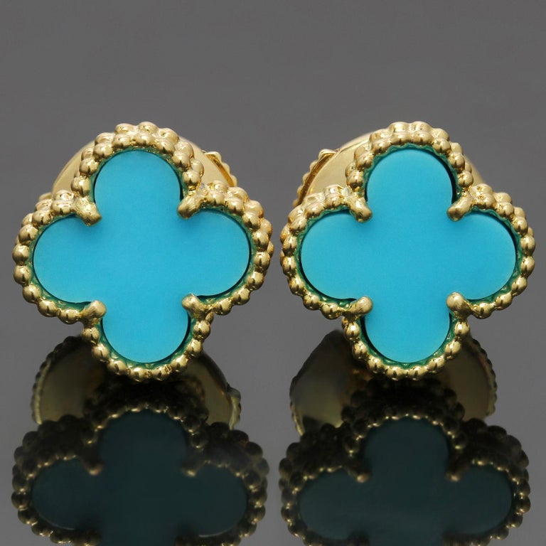 Van Cleef and Arpels Sweet Alhambra Turquoise YG Earrings, VCA Pouch